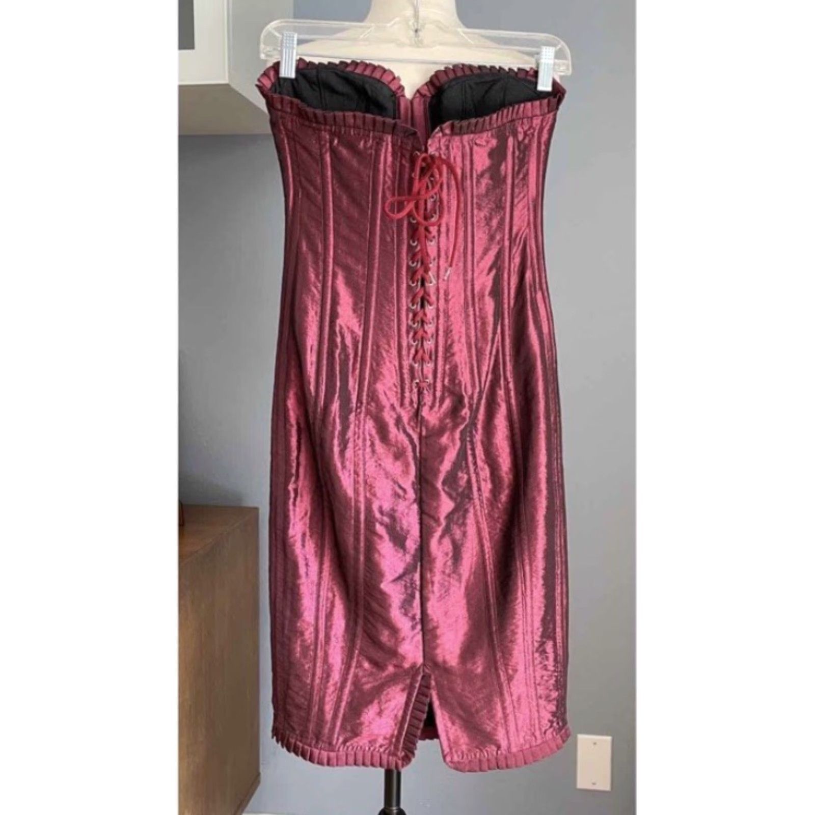 Vintage SEDUZIONI DIAMONDS Dress Strapless Corset Back Lace-up Burgundy 2 Sleeveless Women's Bodycon Fall 2007 Short Size XS / US 0-2 / IT 36-38 - 2 Thumbnail