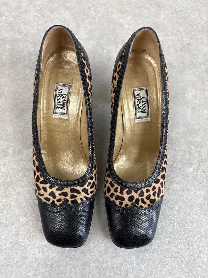 Vintage 1990s Gianni Versace Teal Leopard Pony Hair Pumps Heels Size US 8 / IT 38 - 2 Thumbnail