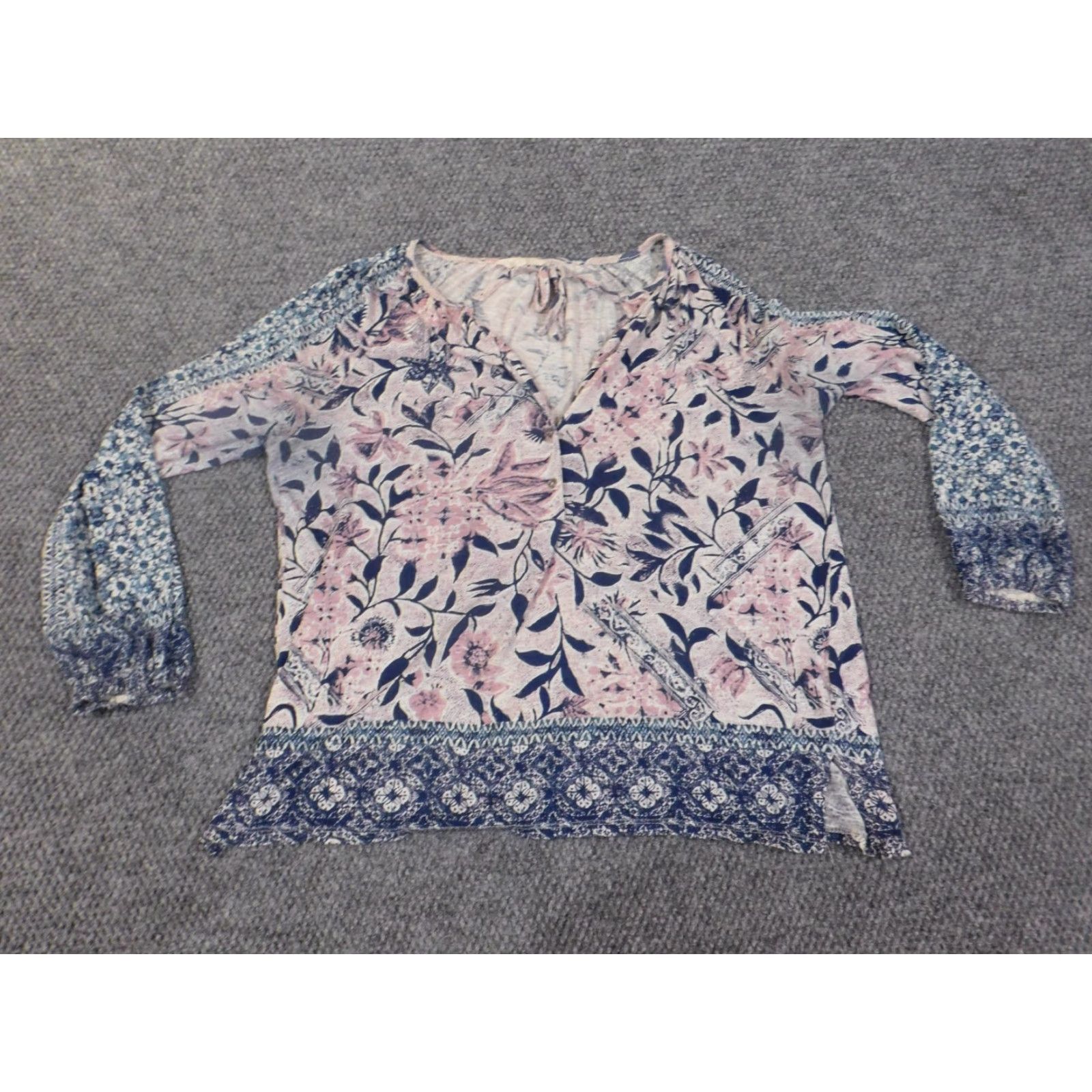 Lucky Brand Lucky Brand Blouse Shirt Womens M Blue Floral Pullover Round Neck Cotton Modal Casual Stretch Size M / US 6-8 / IT 42-44 - 4 Thumbnail