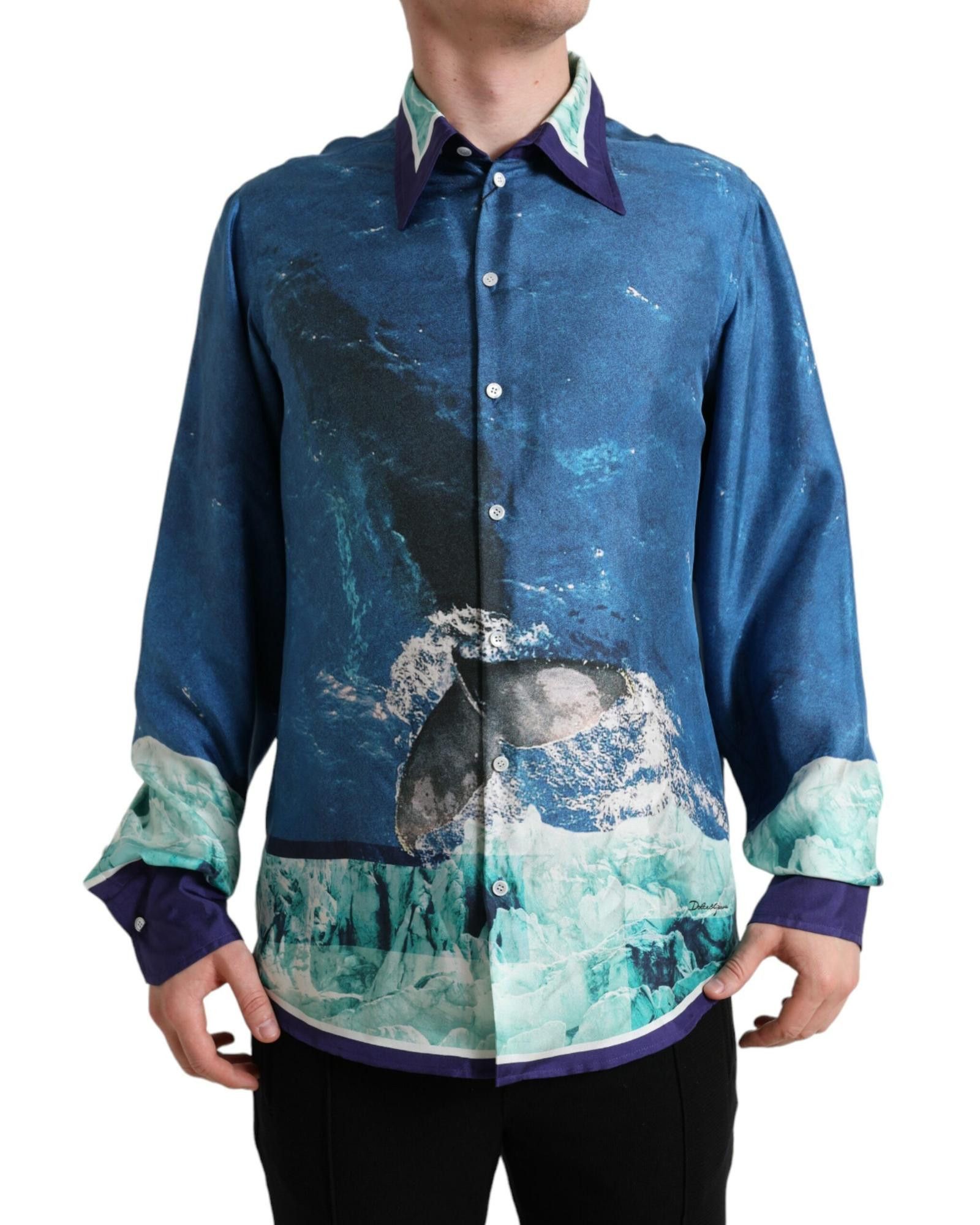 image of Dolce Gabbana Ocean Print Silk Collared Button Down Shirt in Blue, Men's (Size XL)