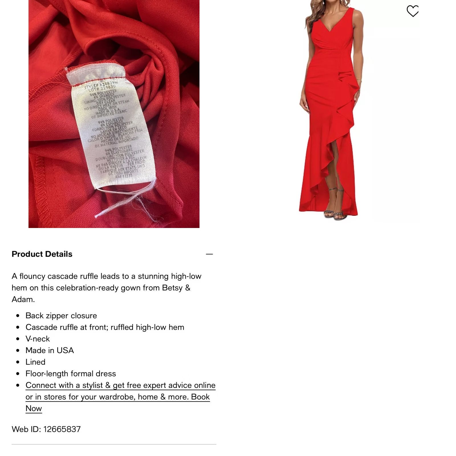 Vintage Betsy & Adam Maxi Dress Women’s Red Ruffled High-Low Sleeveless 16W Plus Size Size XXL / US 16-18 / IT 52-54 - 8 Thumbnail