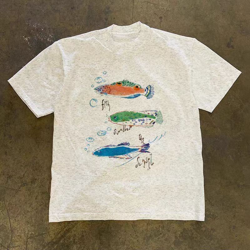 Vintage Grey Washed Vintage T-Shirt with Fish Print Size US M / EU 48-50 / 2 - 1 Thumbnail