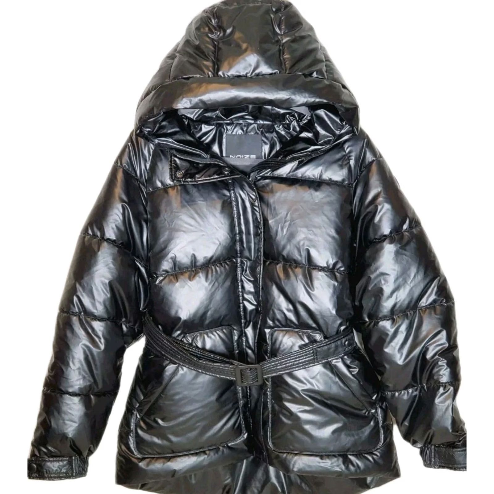 Vintage NOIZE Bonita Short Puffer Jacket Black Metallic Women's L Windproof Water Resistant Incl. Belt Logo Hooded Full Zip Insulated Winter Slim/Regular Fit Size 36" / US 14 / IT 50 - 4 Thumbnail