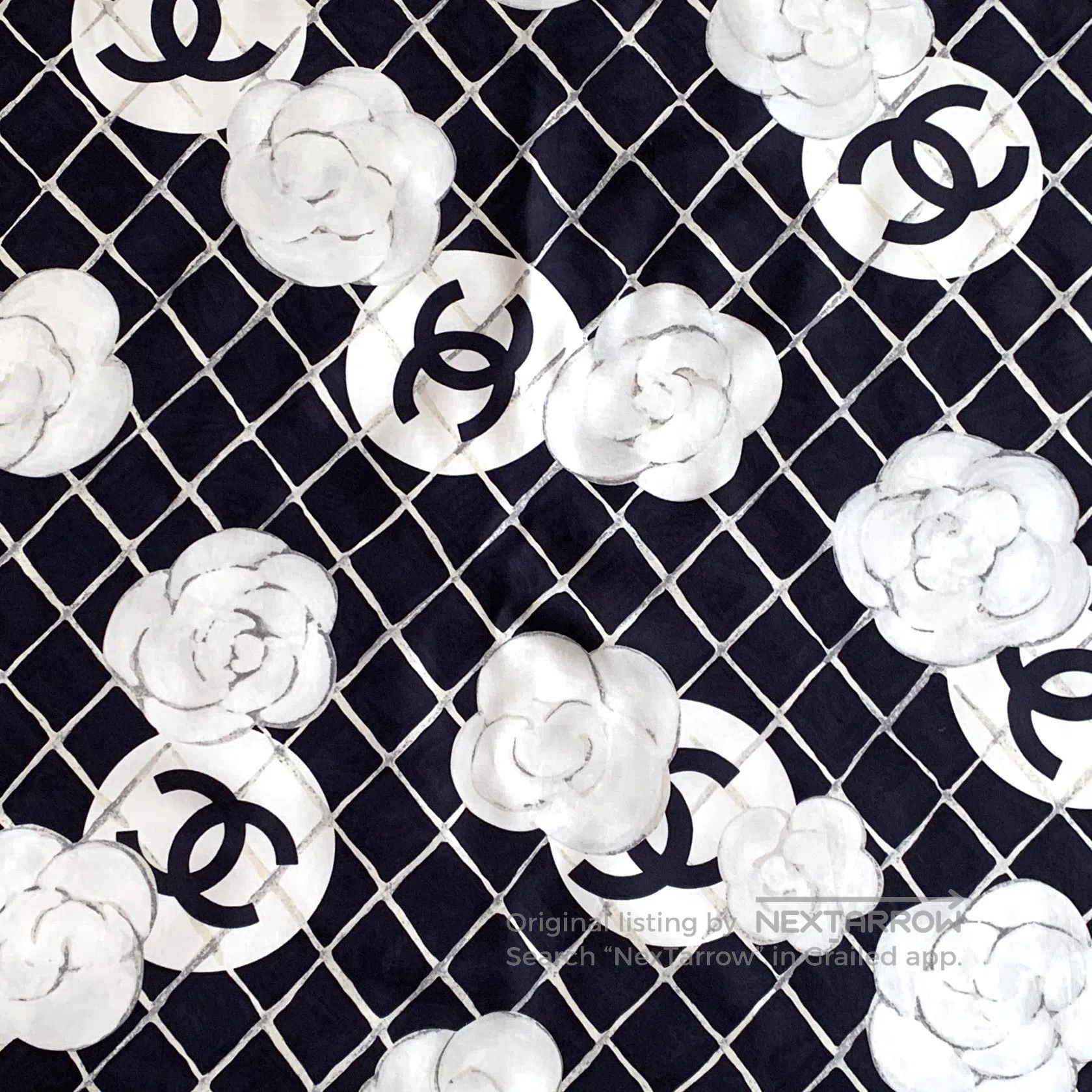 Chanel Chanel Black Diamond Pattern Camellia Printed Silk Scarf| Size ONE SIZE - 3 Thumbnail