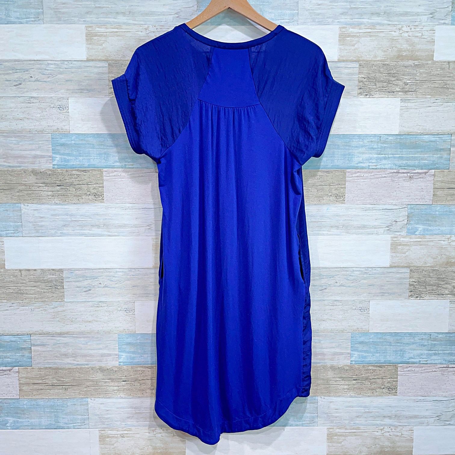 Other Chicos Satin Mixed Media Popover Dress Blue Short Sleeve 0 Size S / US 4 / IT 40 - 3 Thumbnail