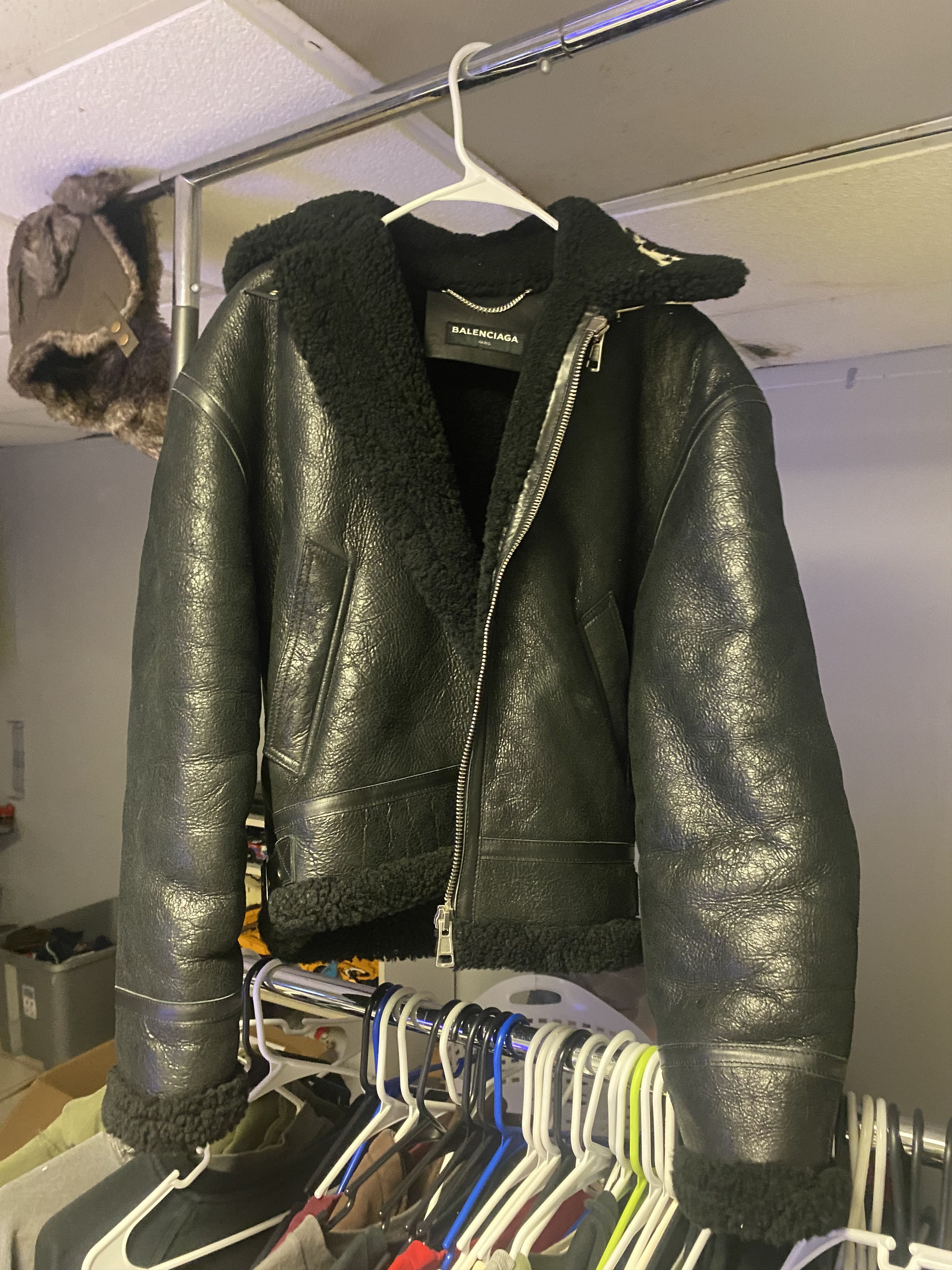 BALENCIAGA Shearling Logo Collar Bomber Leather Jacket