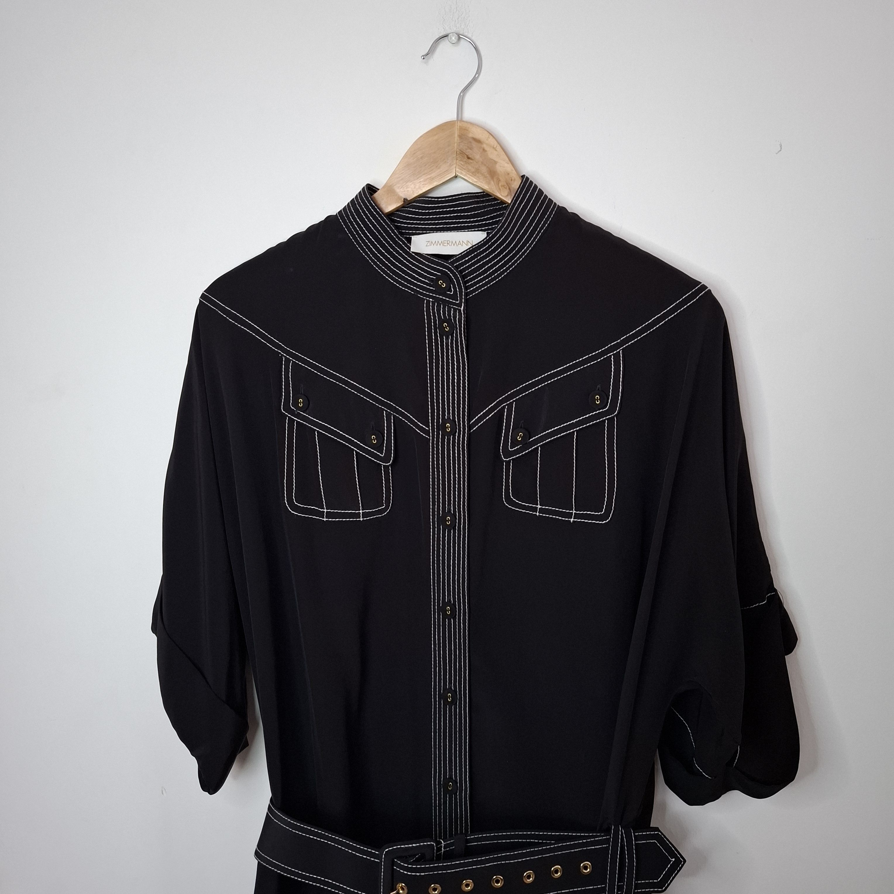 Zimmermann ZIMMERMANN Black Silk Topstitched Utility Belted Midi Dress Size L / US 10 / IT 46 - 3 Thumbnail