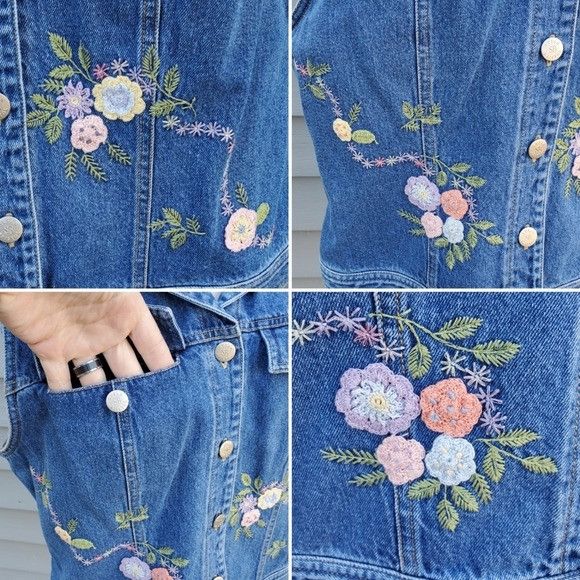 Vintage Vintage 90s y2k Floral Flower Embroidered Cottagecore Denim Size L / US 10 / IT 46 - 3 Thumbnail