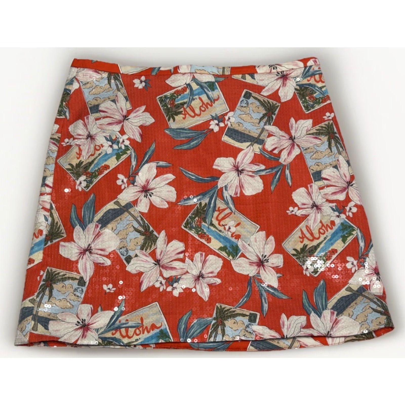 Le Superbe VINTAGE Le Superbe Sequin Postcard Print Mini Skirt Women Red Aloha Size 8 Short Sequin 90s? Size 30" / US 8 / IT 44 - 2 Thumbnail
