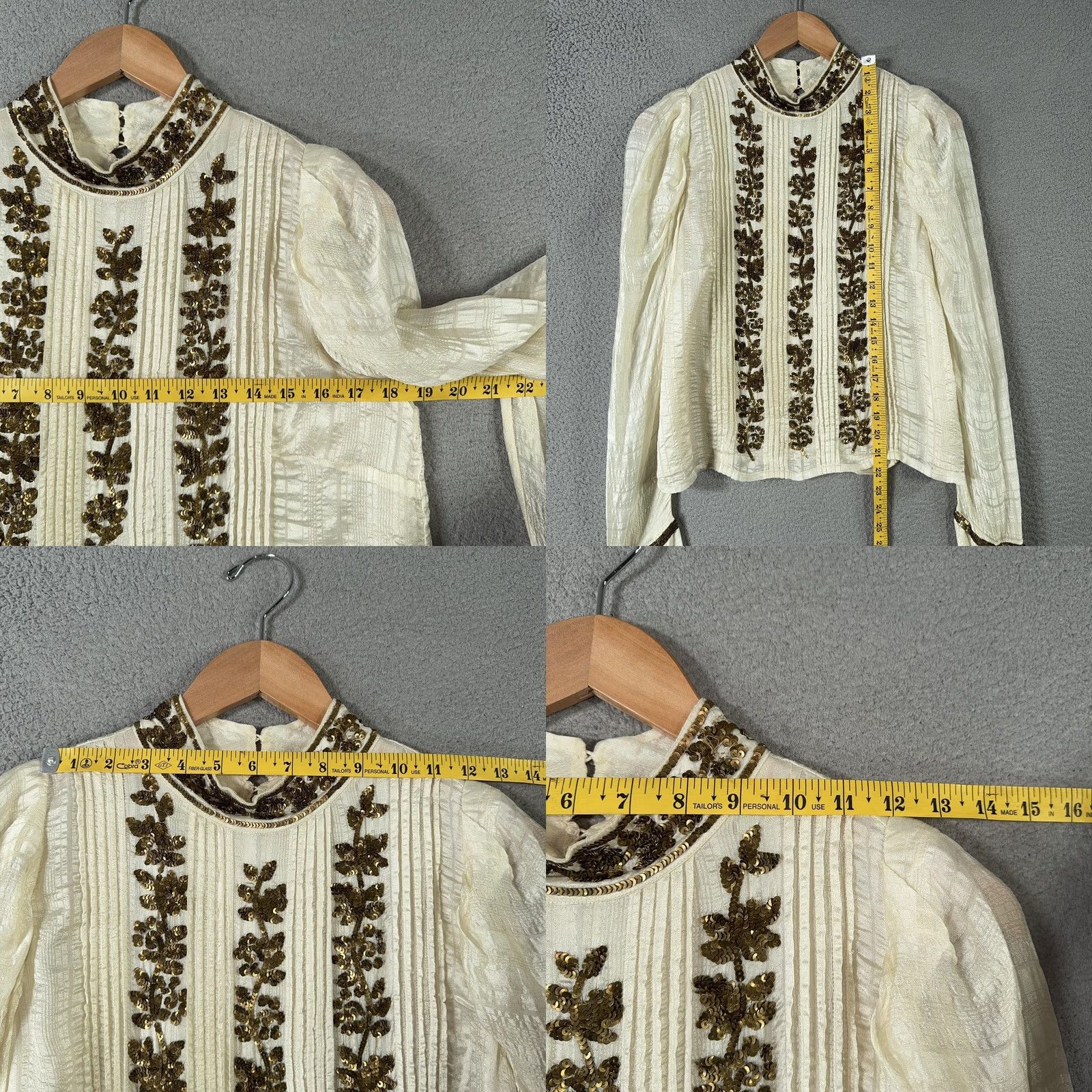 Ulla Johnson Ulla Johnson Blouse Womens Small Silk Viscose Cotton Embroidered Sequin Floral Puff Sleeve High Neck Ivory Vintage Bohemian Top Size S / US 4 / IT 40 - 9 Thumbnail
