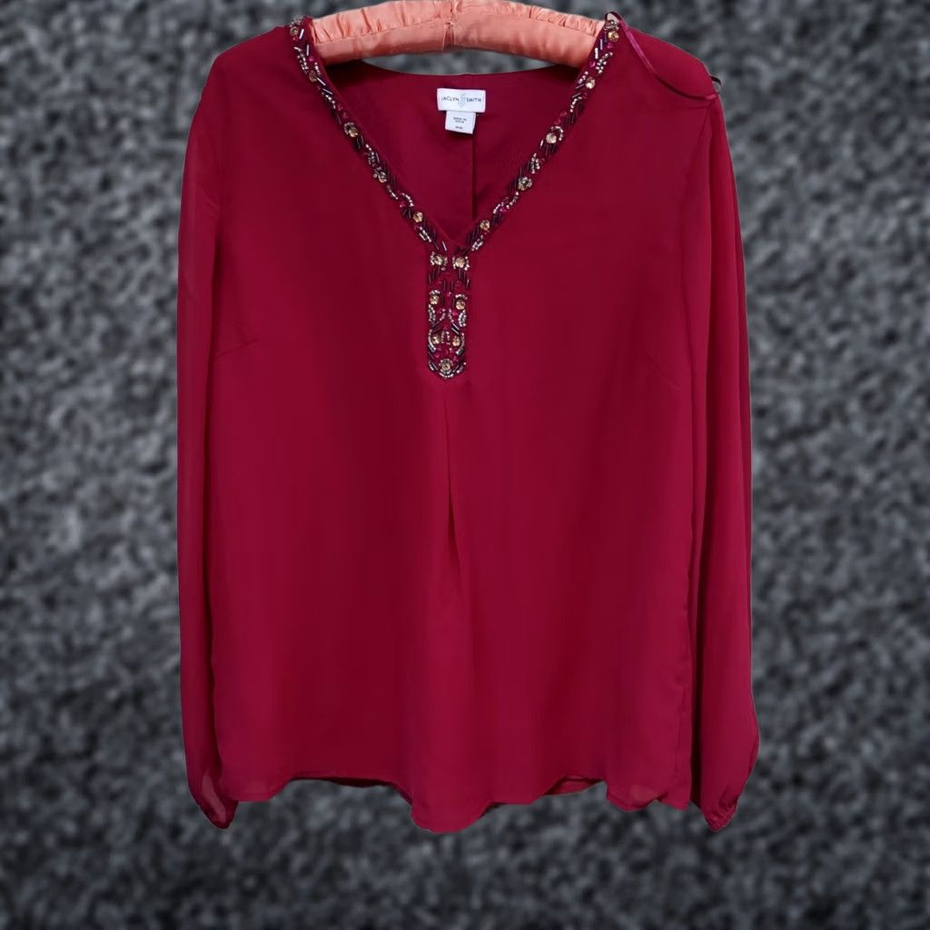 Vintage Jaclyn Smith Beaded Embellished Chiffon Top Blouse Medium Long Sleeve Maroon Womens Size M / US 6-8 / IT 42-44 - 1 Thumbnail