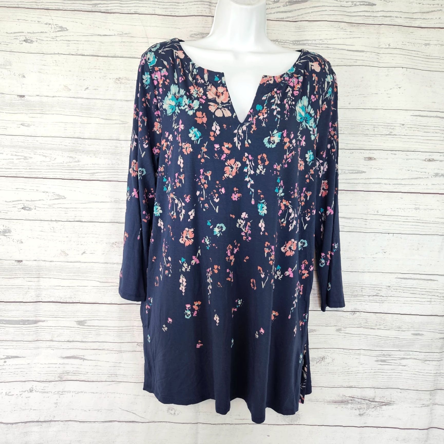 J. Jill J Jill Wearever Collection Blouse Womens Top L Blue Pink Floral 3/4 Sleeve VINTAGE Size L / US 10 / IT 46 - 2 Thumbnail