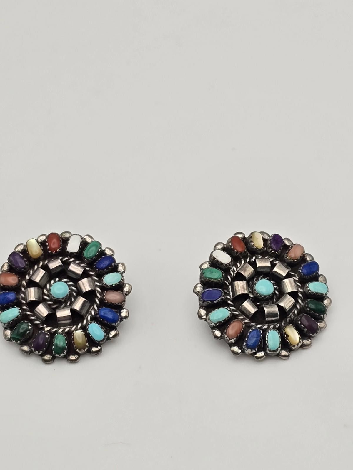 Sterling Silver Vintage Lorraine Waatsa Zuni Sterling Stone Cluster Earrings Size ONE SIZE - 1 Thumbnail