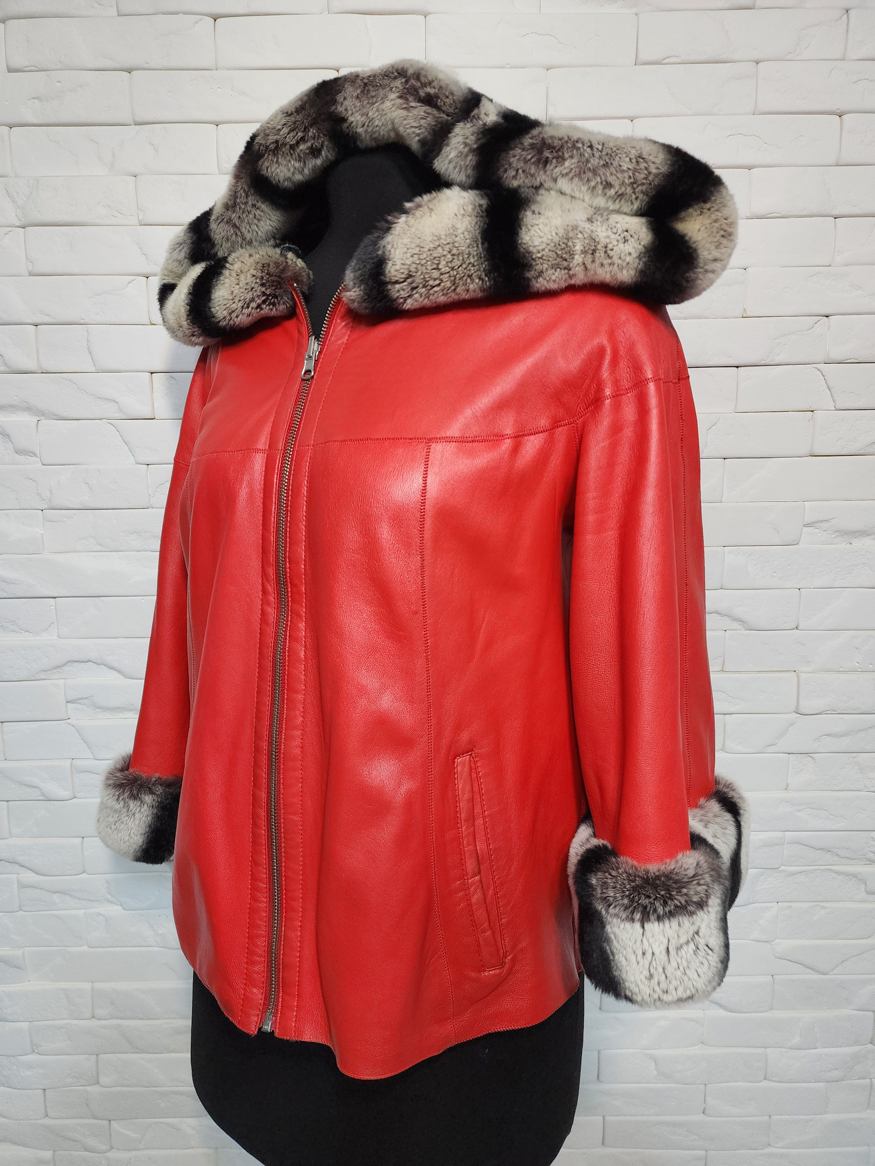 Designer Double-sided women's leather jacket with a hood. Size XL / US 12-14 / IT 48-50 - 1 Thumbnail