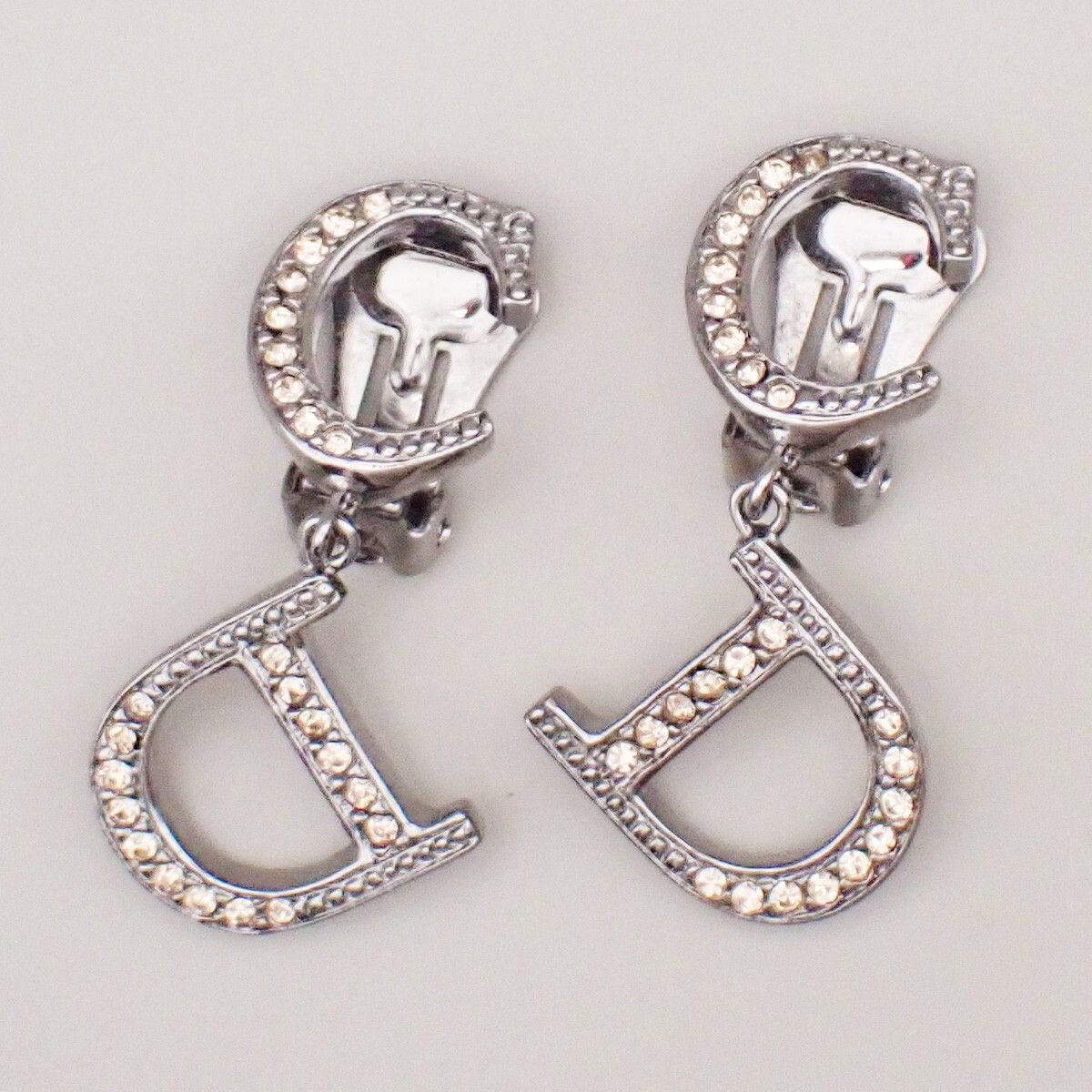 Christian Dior CD Logo Rhinestone Drop Earrings Clip-On RhinestoneSilver Plated