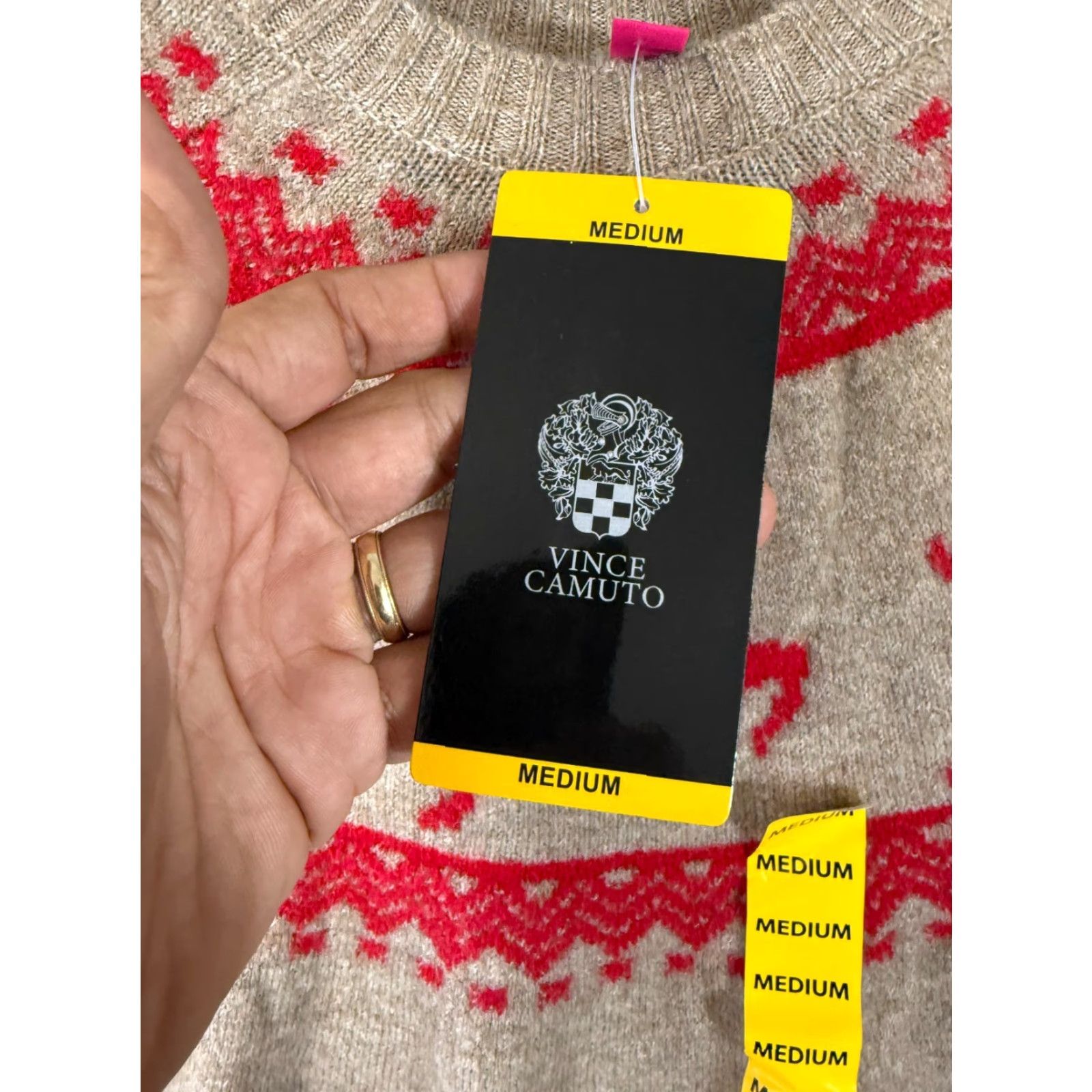 Vince Camuto Vince Camuto Holiday Sweater Womens M Brown Red Reindeer Fair Isle Stretch NWT Size M / US 6-8 / IT 42-44 - 7 Thumbnail