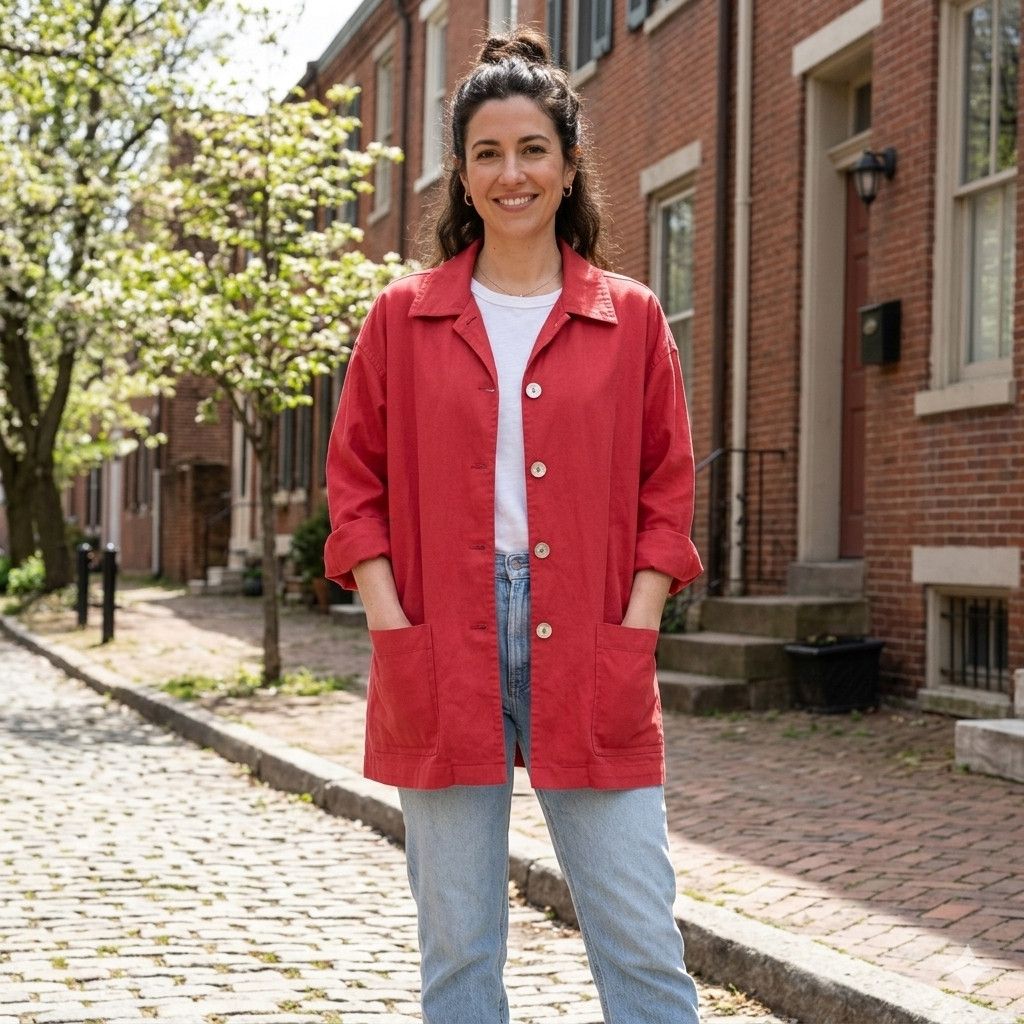 Other Chaus Size 14 Jacket Shacket Red Mother Pearl Linen Cotton Size L / US 10 / IT 46 - 4 Thumbnail