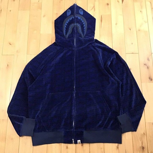 BAPE Logo Monogram Velour Shark Full Zip Hoodie APE XXL 2XL