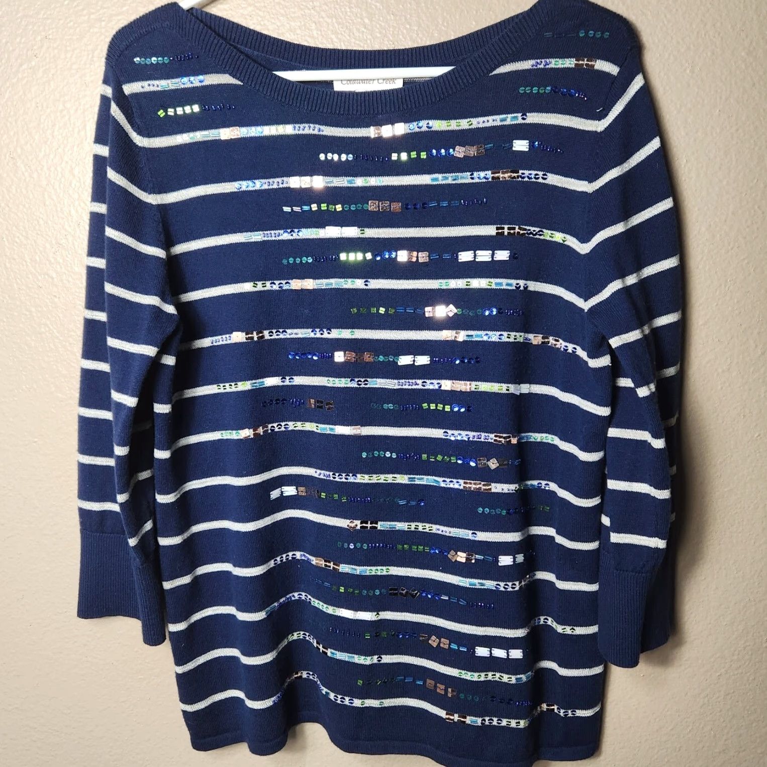 Coldwater Creek VINTAGE Coldwater Creek Stripe Bead Sequin Embellished Navy/Gray 3/4 Slv Sweater-Size M Size M / US 6-8 / IT 42-44 - 2 Thumbnail