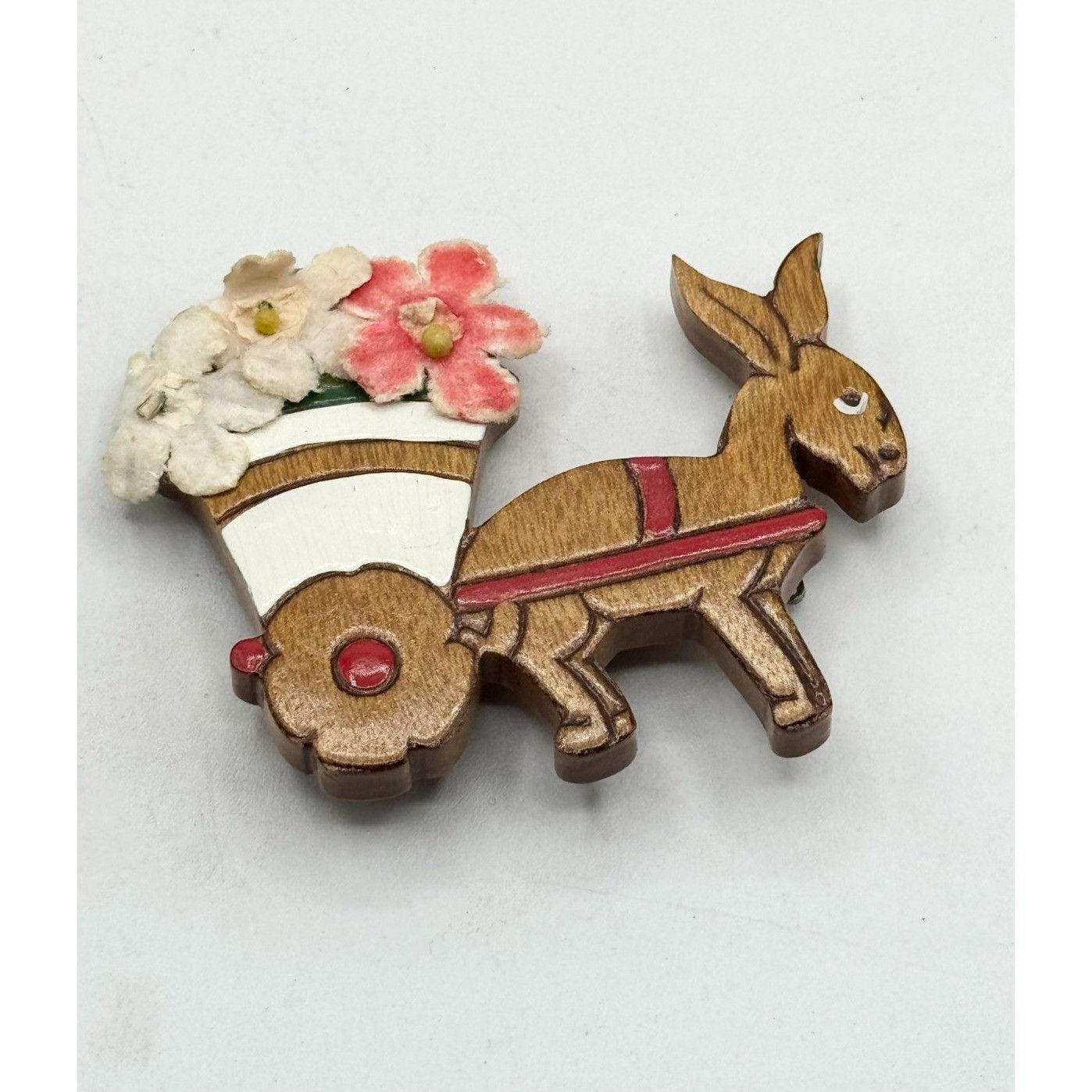 Vintage Estate vintage wooden donkey wagon flower brooch pin Size ONE SIZE - 2 Thumbnail