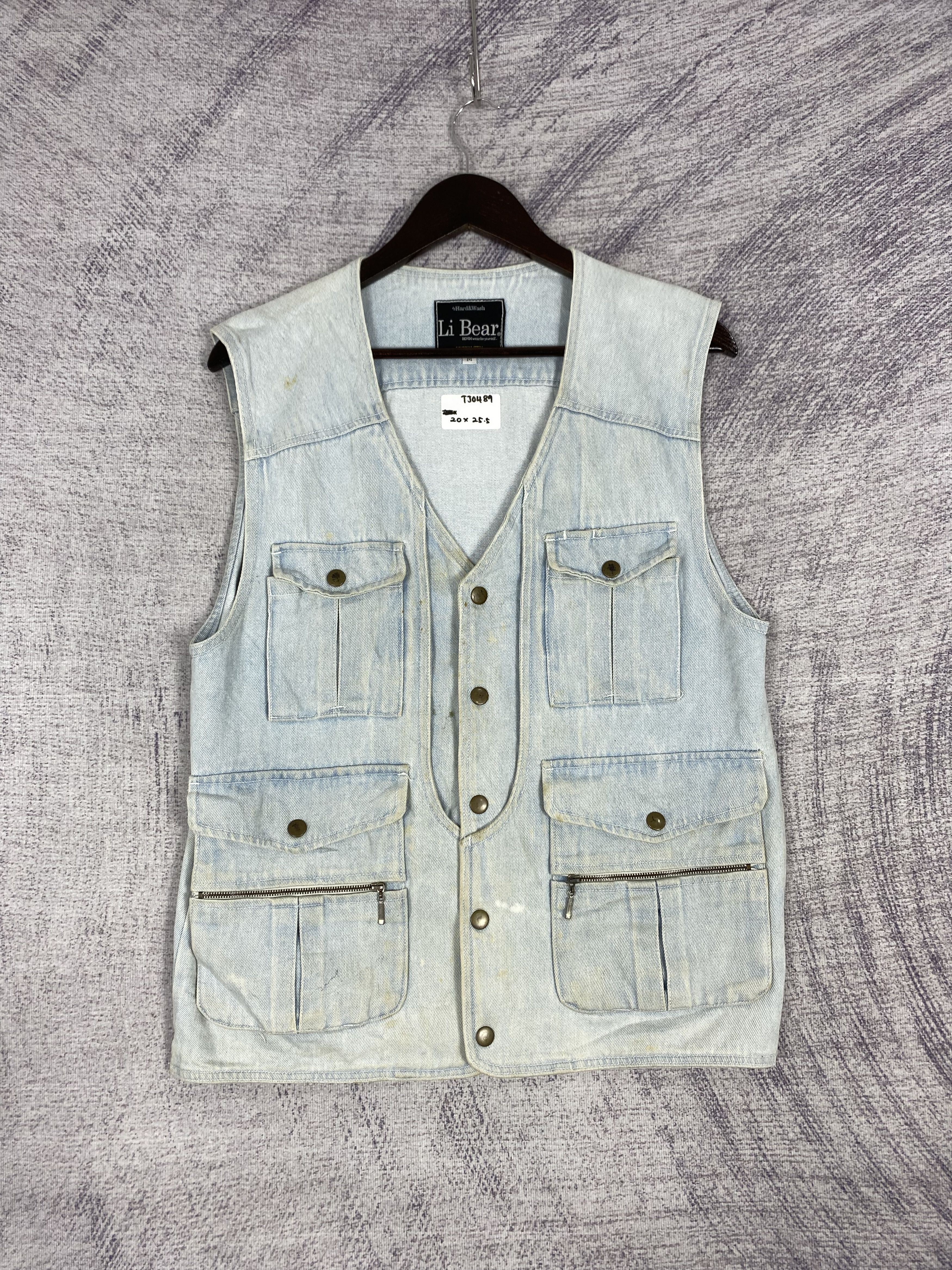 Vintage Li Bear Light Wash Denim Utility Multi Pocket Vest - Main Image