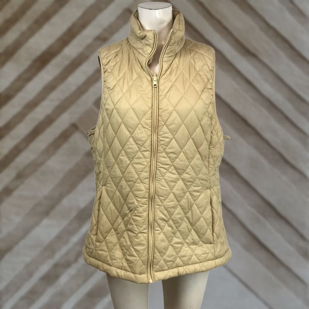 Lands' End Lands End Womens Tan Beige Diamond Quilted Puffer Vest Full Zip Size L Large Vest Beige Quilted Puffer, Zip, Pockets, Stand Collar Womens Size L / US 10 / IT 46 - 1 Thumbnail