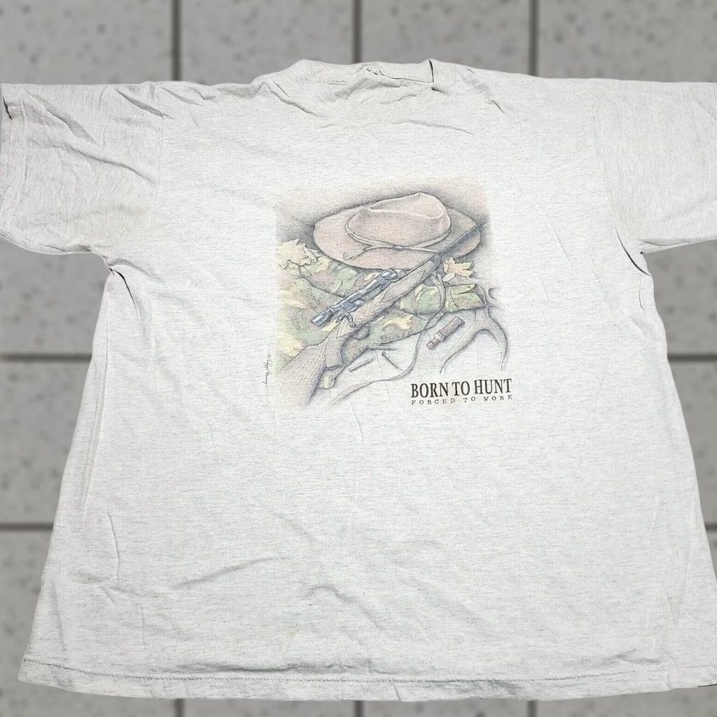Tultex VINTAGE Shirt Mens XL Heather Gray 90's Born To Hunt Forced To Work Size US XL / EU 56 / 4 - 1 Thumbnail