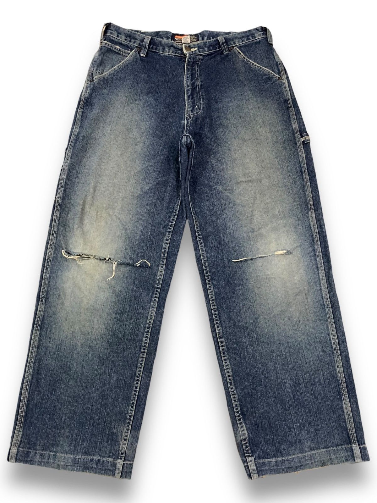 image of Big John x Jnco Vintage World Workers Baggy Distressed Carpenter Jeans in Indigo Blue (Size 34)