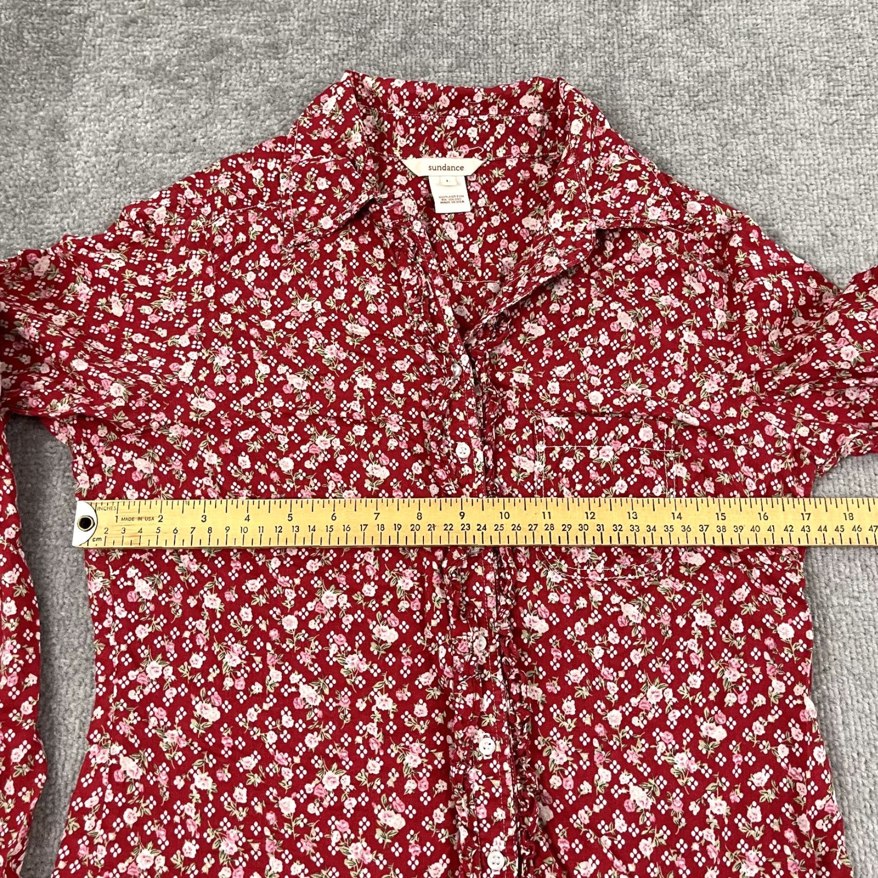 Vintage Vintage Sundance Women's Floral Ruffled Button-Up Shirt Large Red Cottagecore Cross-Seasonal Size L / US 10 / IT 46 - 5 Thumbnail