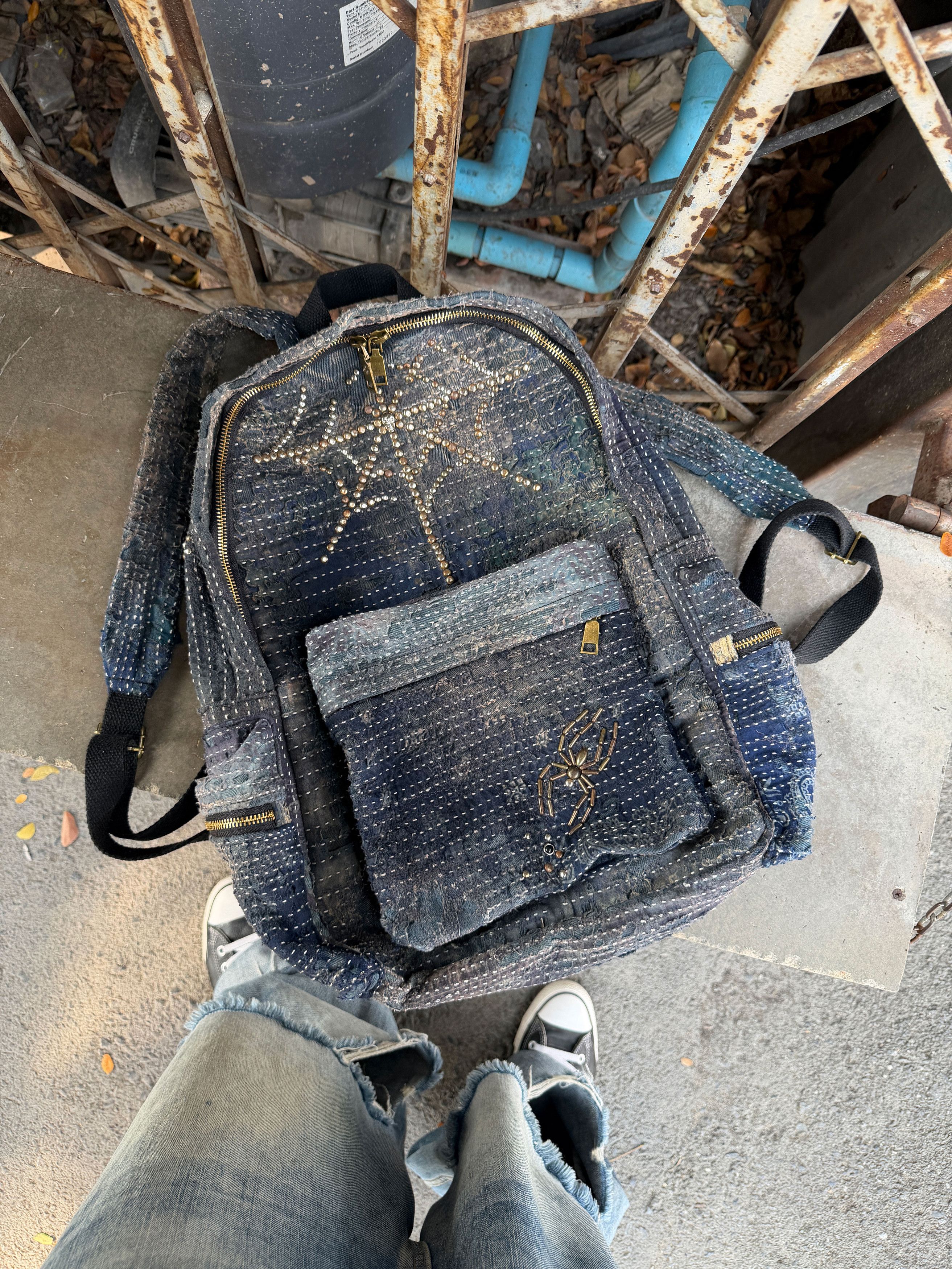Japanese Brand BORO SASHIKO Studded Spider Web Backpack 🕷️🕸️ Size ONE SIZE - 3 Thumbnail