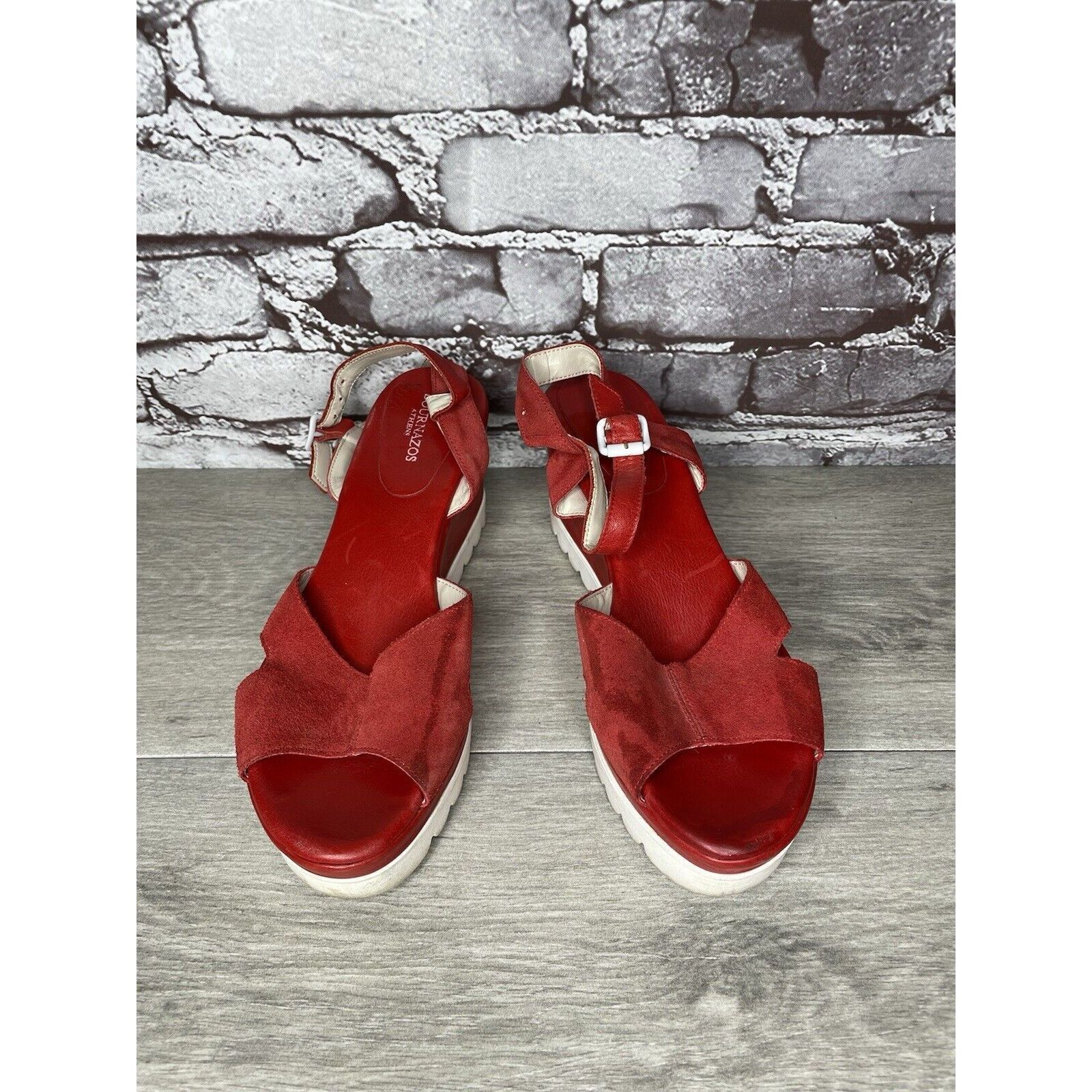 Other Bournazos Athens Red Suede Leather Ankle Strap Wedge Sandals Size US 8.5 / IT 38.5 - 16 Thumbnail