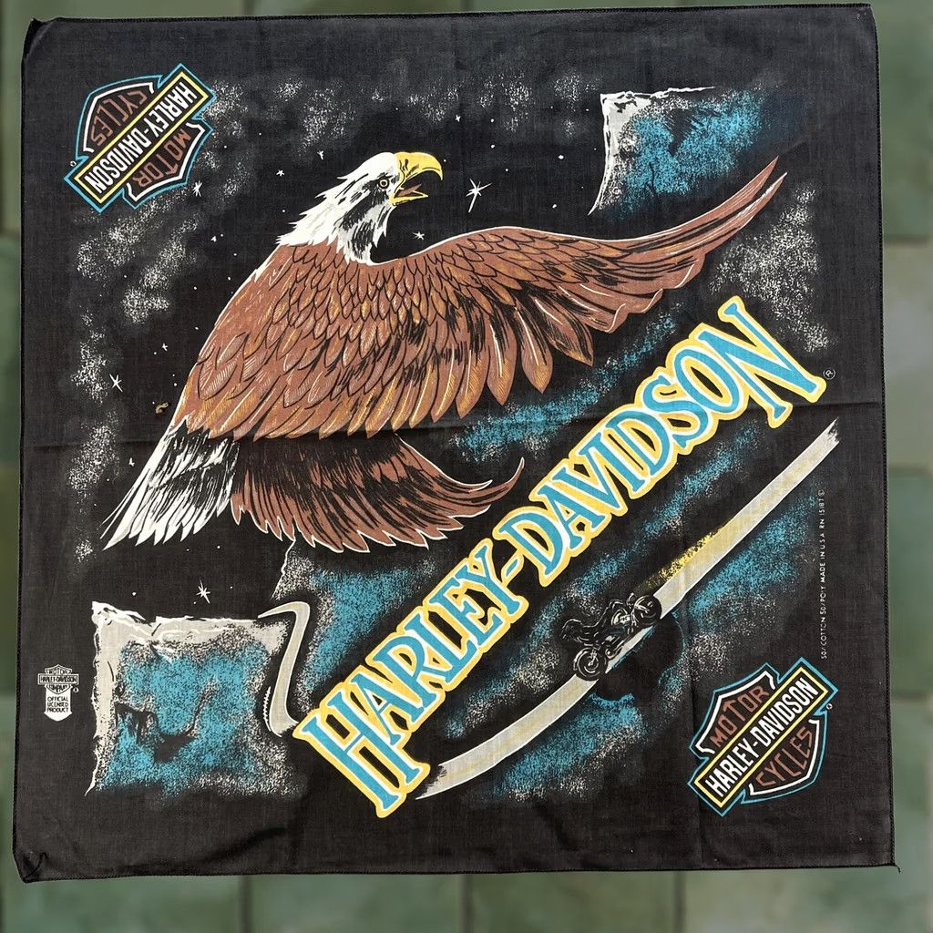 Harley Davidson VINTAGE Harley-Davidson Bandana Hat Cap Black Eagle Motorcycle Graphic Mens 80s Size ONE SIZE - 1 Thumbnail