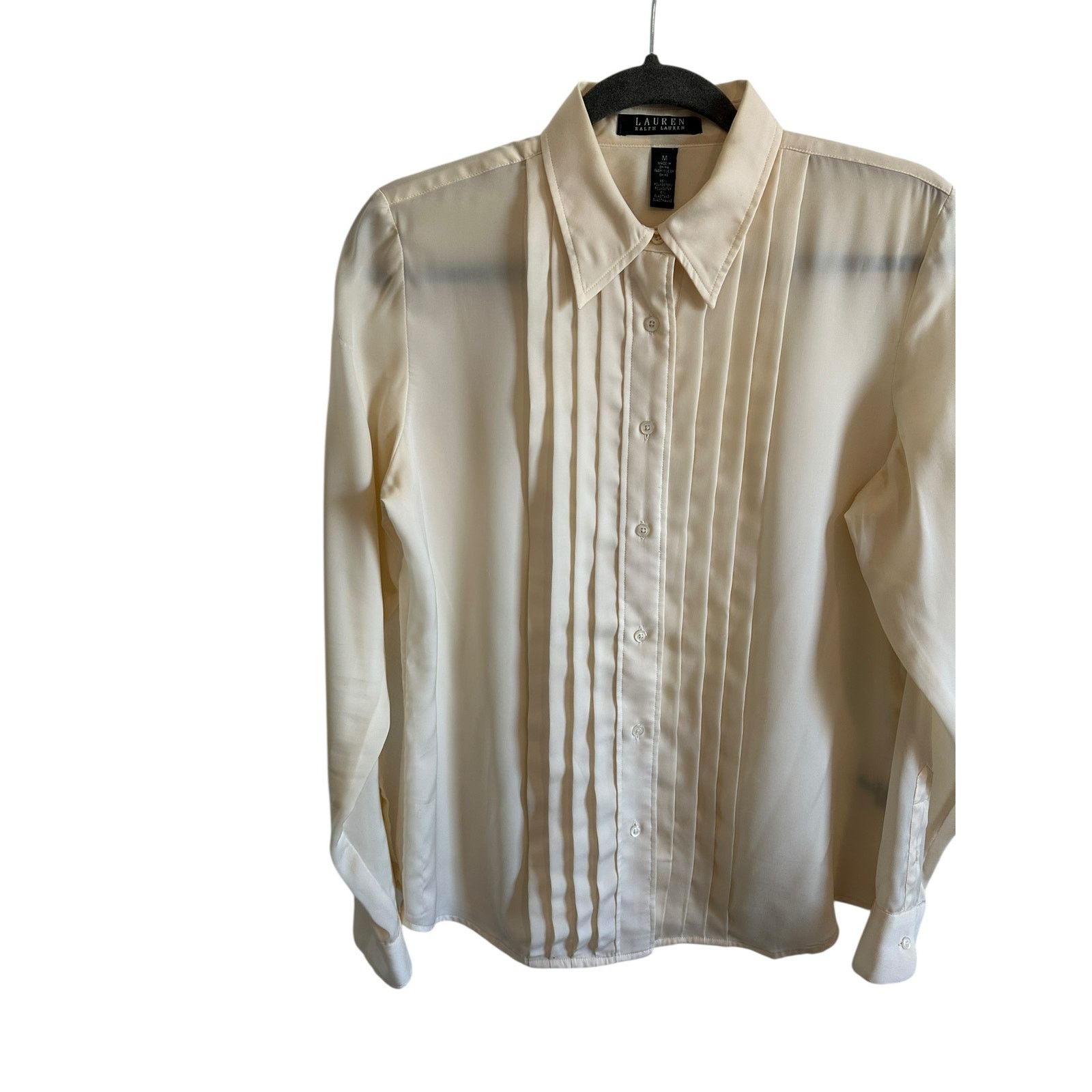 Ralph Lauren Women's Medium Cream Pleated Front Collar Button Up Top Size M / US 6-8 / IT 42-44 - 3 Thumbnail