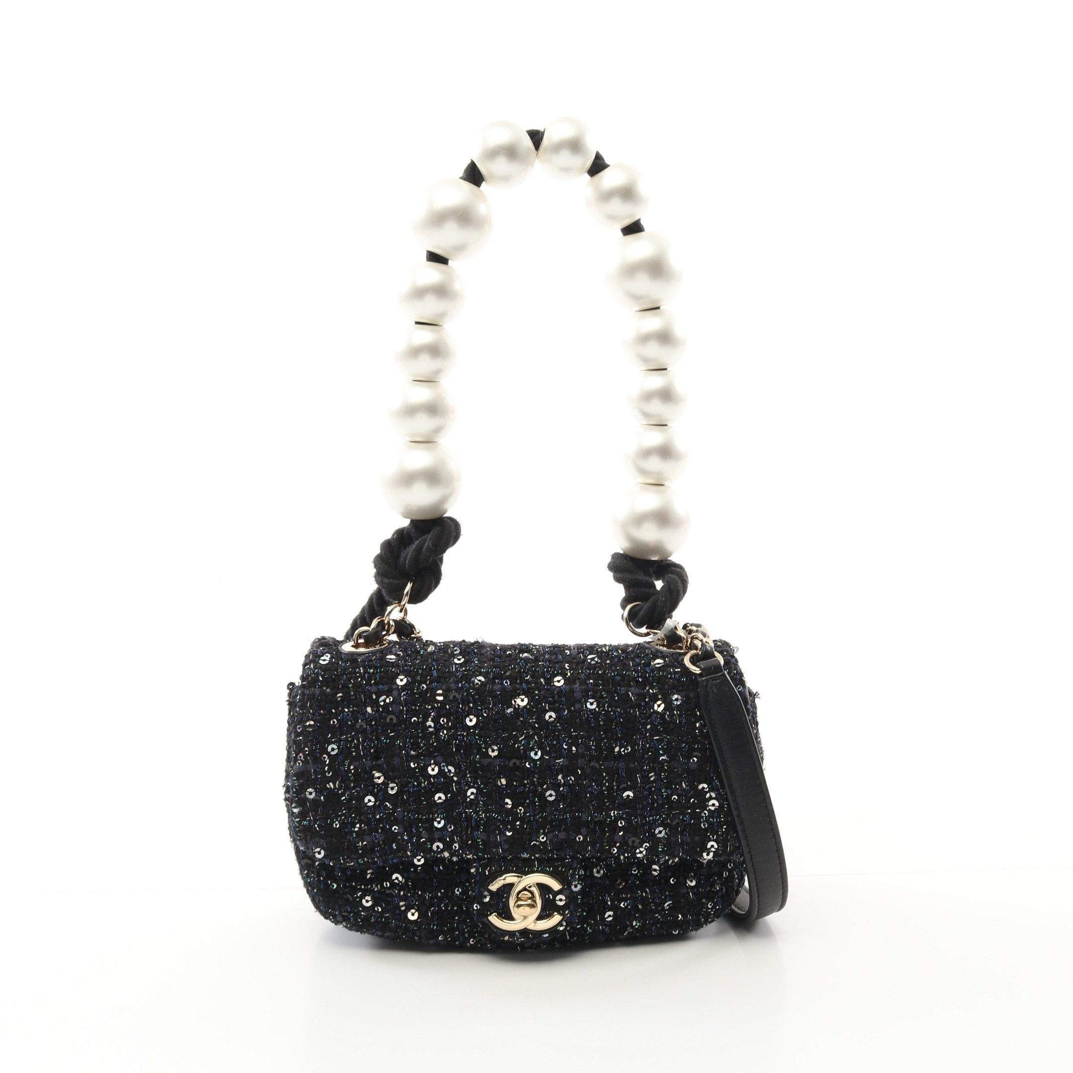Chanel Chanel Coco Mark Fake Pearl Chain Shoulder Bag Tweed Navy Gold Hardware Sequin Size ONE SIZE - 1 Thumbnail
