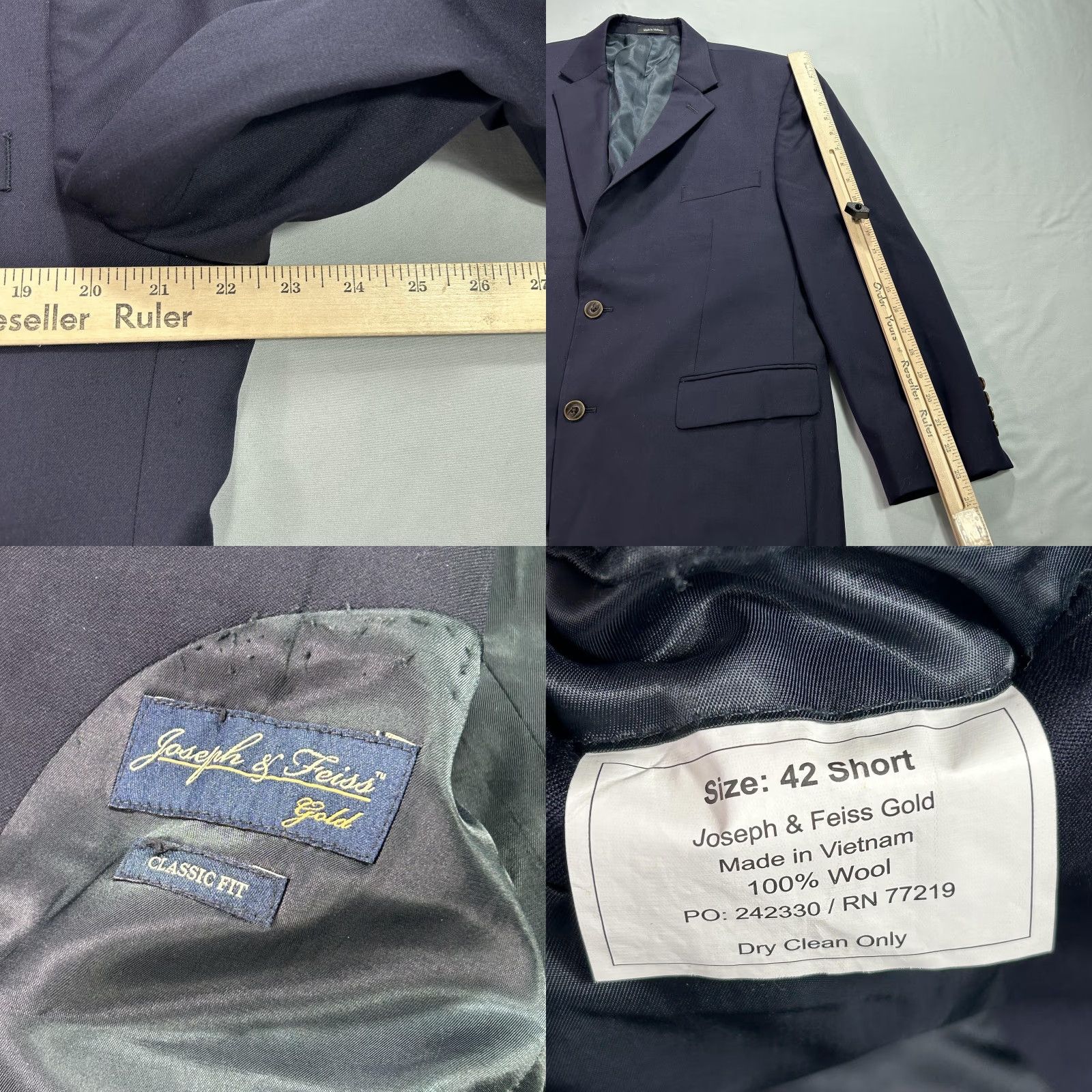 Joseph Joseph & Feiss Gold Blazer Mens 42 Short Navy Blue Wool Classic Fit Sport Coat Size US 42 / EU 58 - 8 Thumbnail