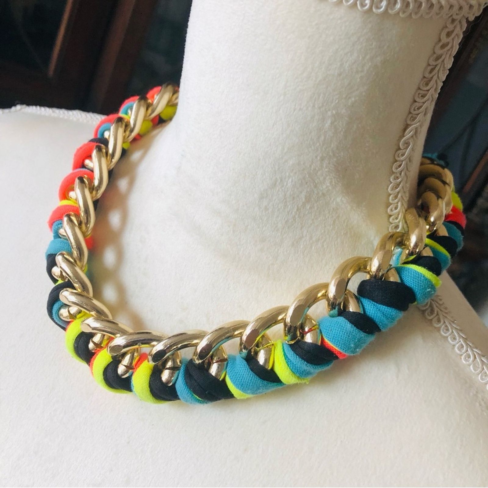 Handmade Hand crafted colorful ribbon braided gold chain necklace Size ONE SIZE - 4 Thumbnail
