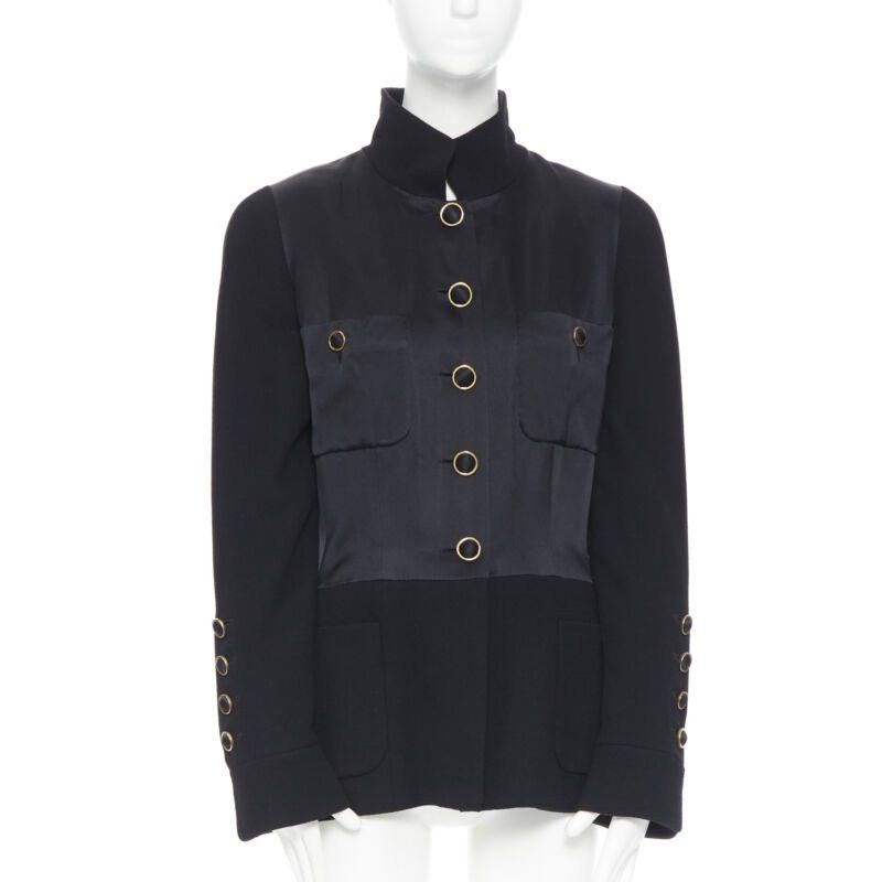 Chanel CHANEL black silk satin crepe 4 pockets gold high collar mandarin jacket FR42 Size L / US 10 / IT 46 - 1 Thumbnail