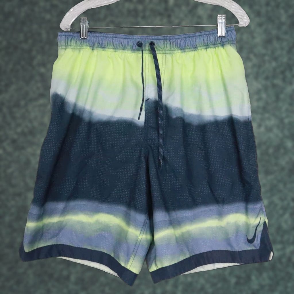 Nike Mens XL Mesh Lined Swim Trunks Blue & Yellow Striped Drawstring Beach Shorts Mens (Size 36)