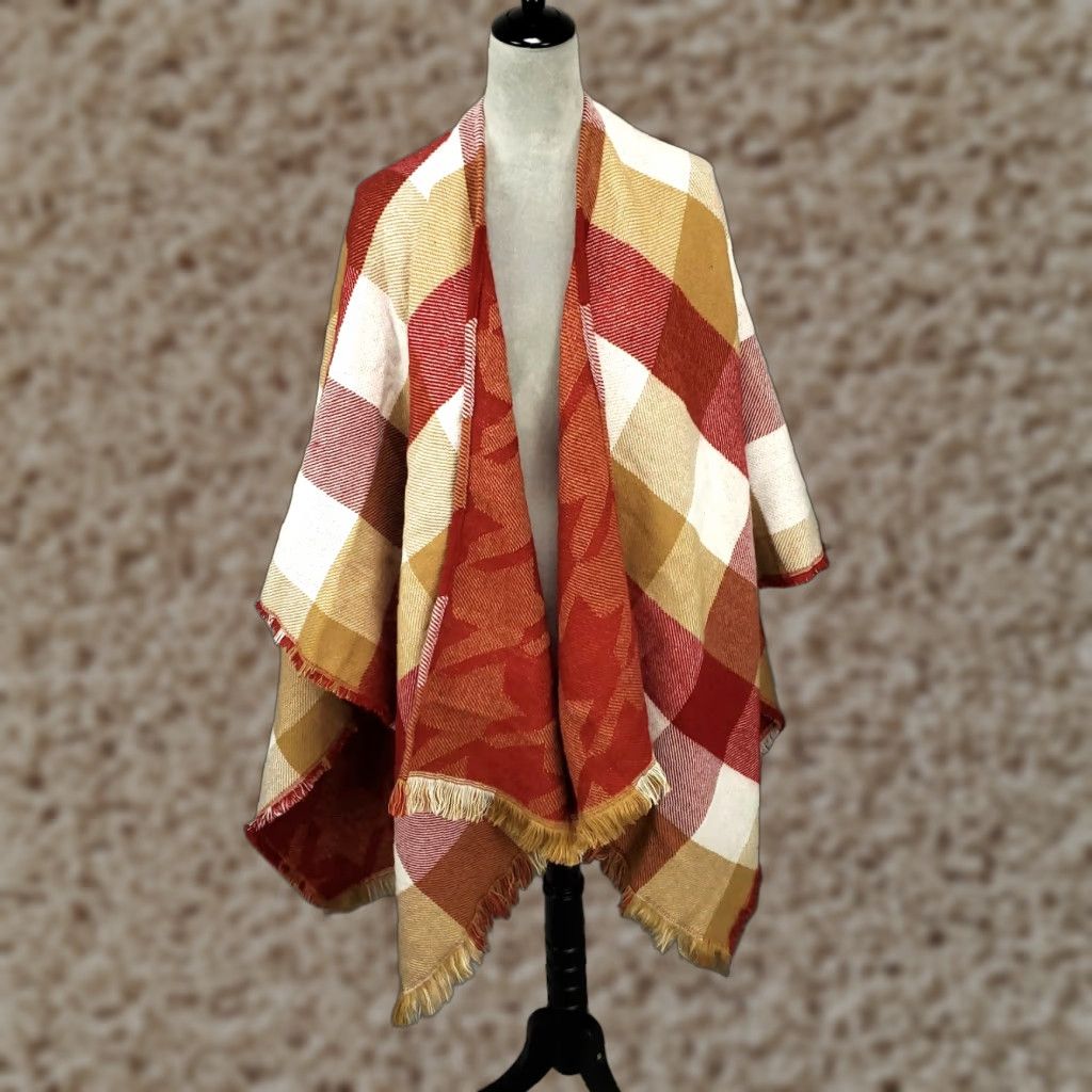 Soft Surroundings Soft Surroundings Cardigan Womens One Size Plaid Shawl Fringe Kimono Sleeve Open Knit Sweater Size ONE SIZE - 1 Thumbnail