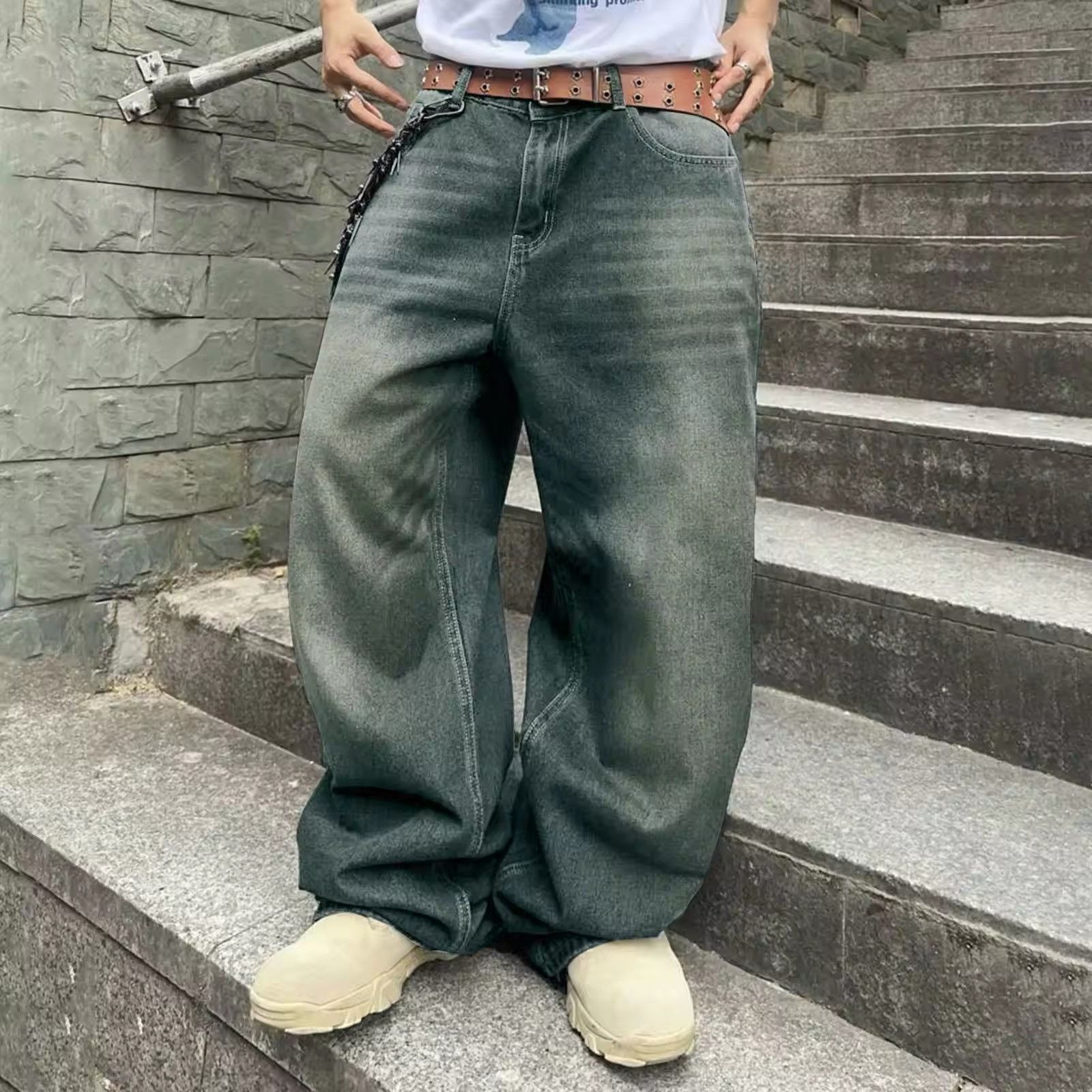 Japanese Brand × Leather × Streetwear Men Hip Hop Baggy
