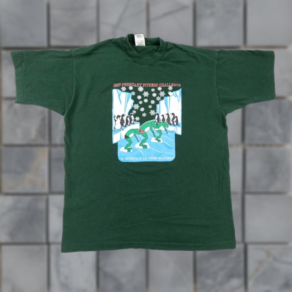 Fruit Of The Loom VINTAGE Fruit of the Loom February Fitness Challenge Shirt Men's XL Green 90s Single Stitch Frog Graphic Size US XL / EU 56 / 4 - 1 Thumbnail
