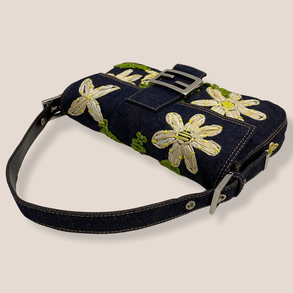 Authentic Fendi Denim Baguette Embroidered Floral Bag in Blue, Men's