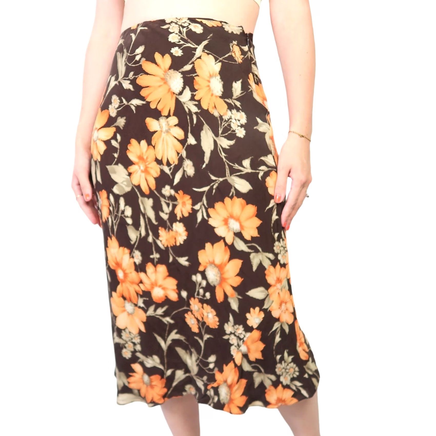 Jones New York VINTAGE 90s Jones New York Silk Midi Skirt Brown Orange Floral 6P Women's Shoes? Size 28" / US 6 / IT 42 - 2 Thumbnail