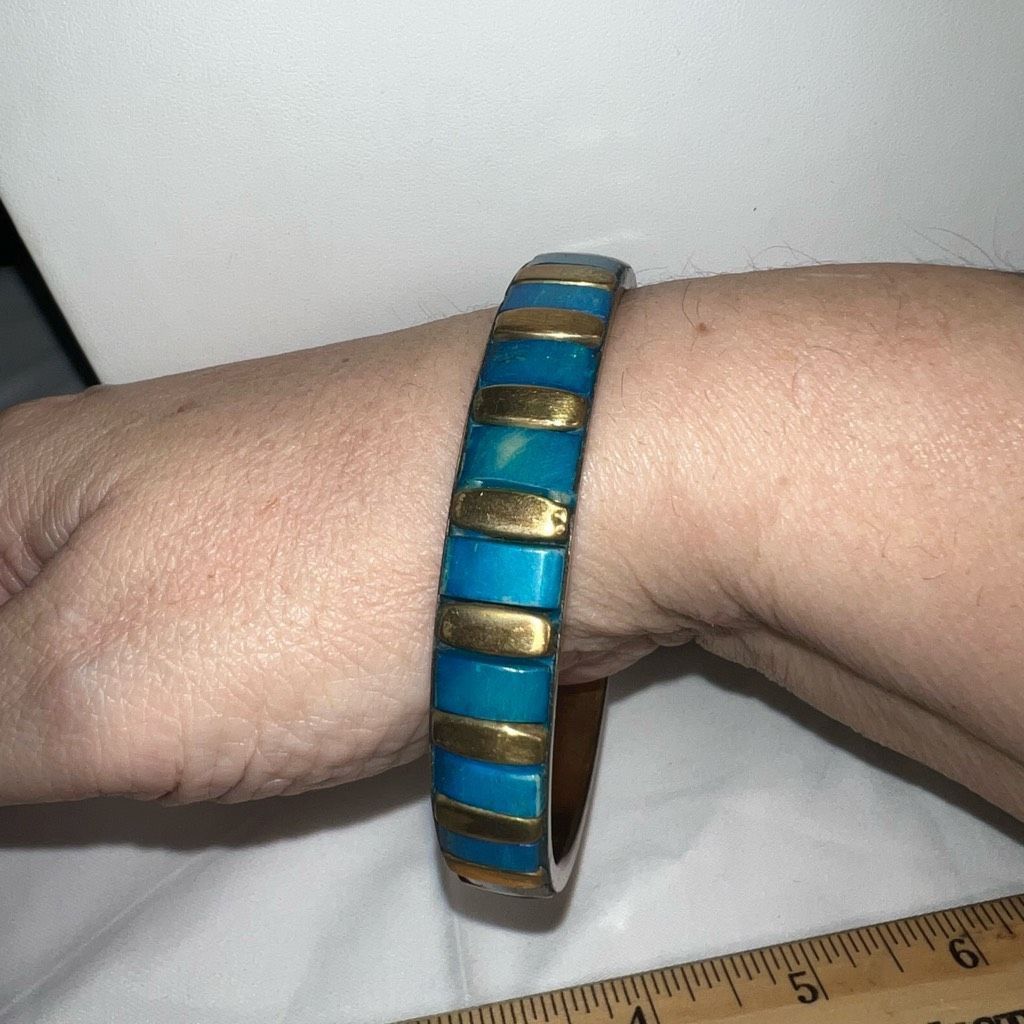 Vintage Vintage Brass and Blue Enameled Bangle Bracelet Size ONE SIZE - 5 Thumbnail