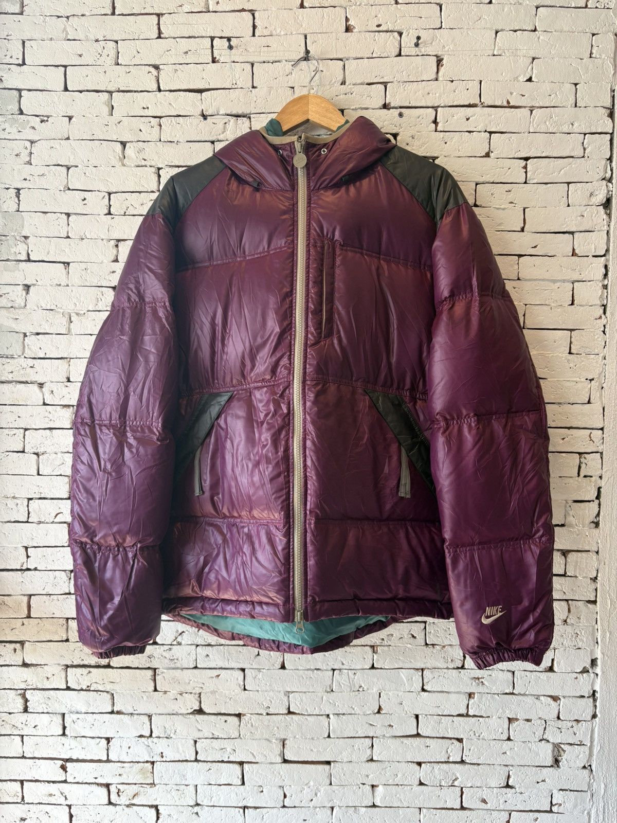 Nike Vintage 2000s Nike Burgundy Swoosh Puffer Jacket Size US XL / EU 56 / 4 - 1 Thumbnail