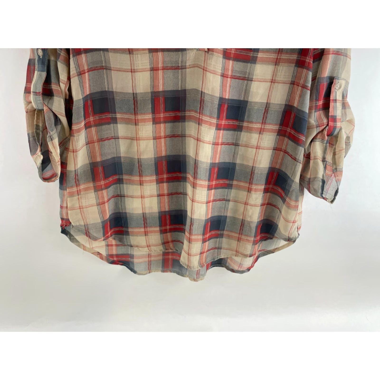 Vintage TeenBell Shirt Women's Medium T-Shirt Plaid 3/4 Sleeve Red Tan Blue Semi Sheer Casual Fall Modern Womens Size M / US 6-8 / IT 42-44 - 4 Thumbnail