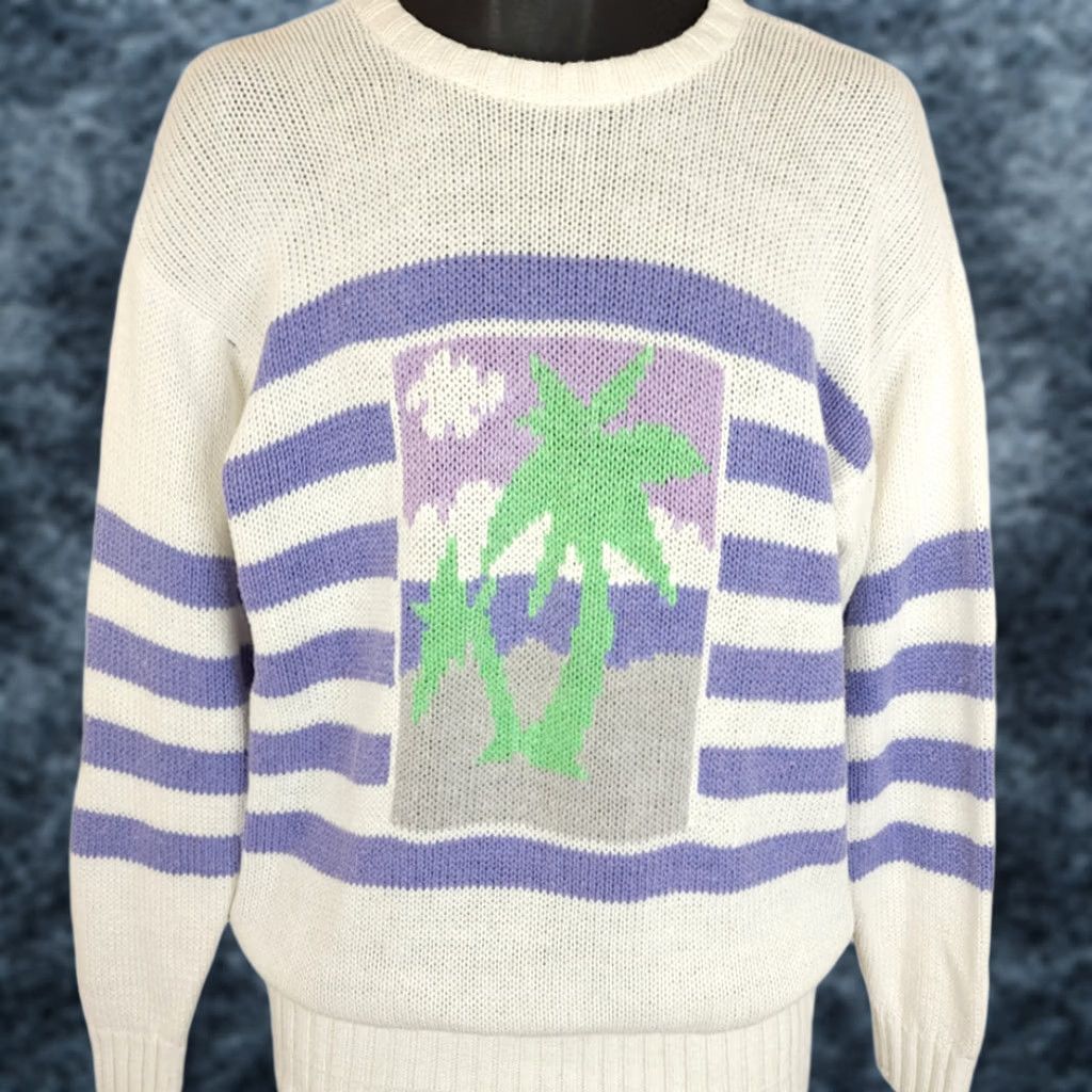 Vintage VINTAGE Liz Sport Sweater Shirt Womens Small White Striped Palm Trees 80s 90s Tropical Pullover Size S / US 4 / IT 40 - 1 Thumbnail