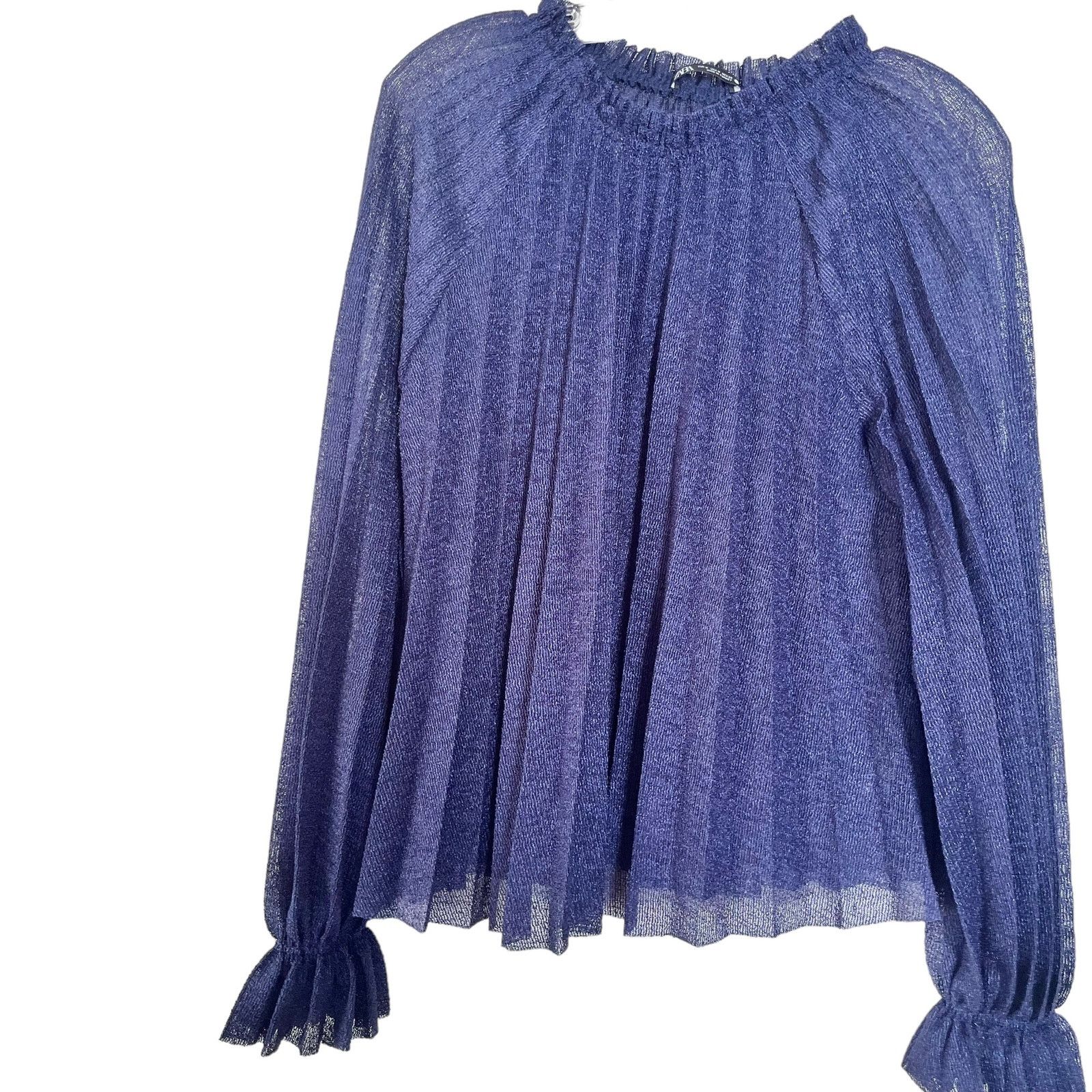 Zara Zara Knit Blue Pleated Bell Sleeve Ruffle Neck Sheer Blouse Size M / US 6-8 / IT 42-44 - 1 Thumbnail