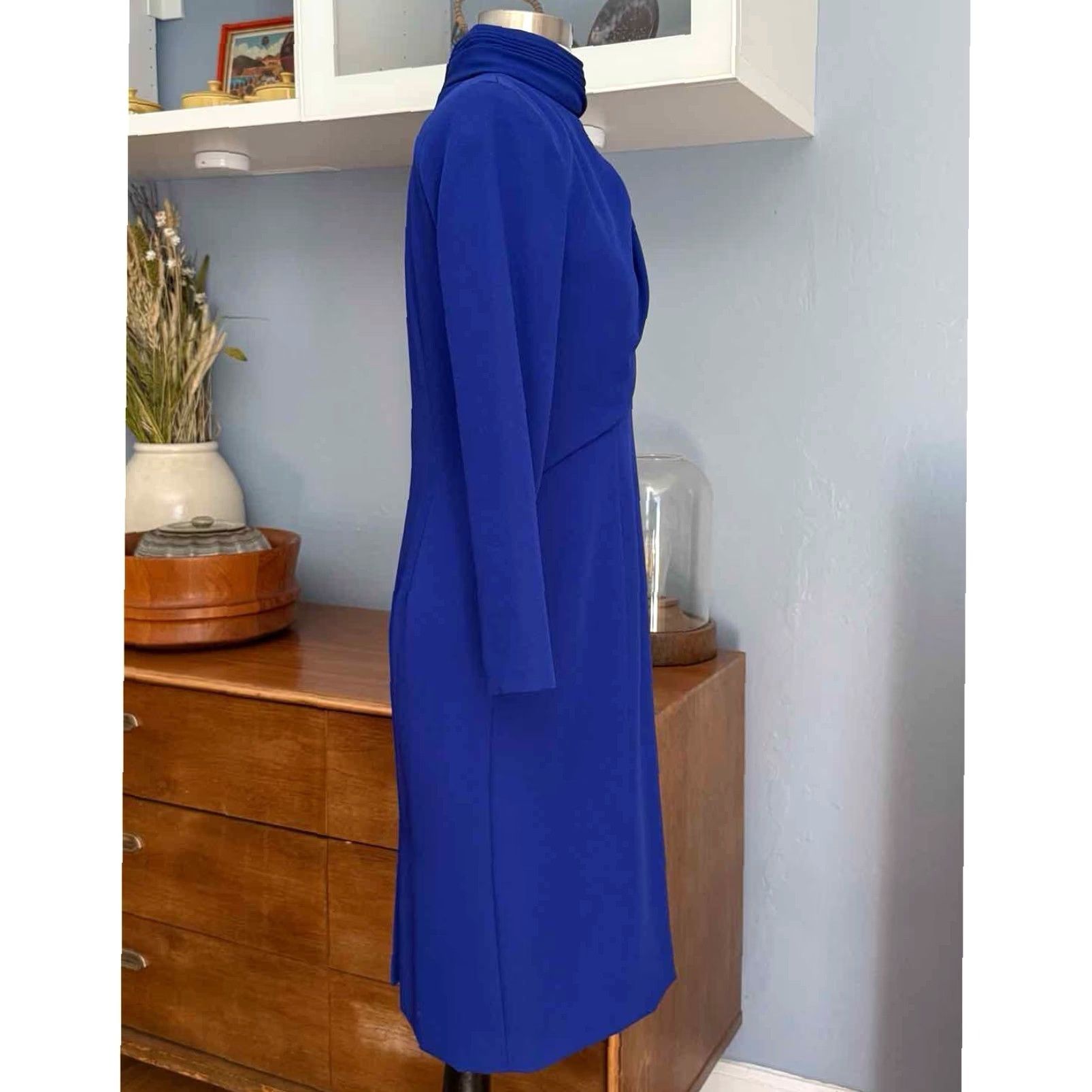 Vintage VINTAGE David Warren Drape Sheath Dress Blue 80s 90s 4P Petite Women Long Sleeve V-Neck Zip Size S / US 4 / IT 40 - 3 Thumbnail