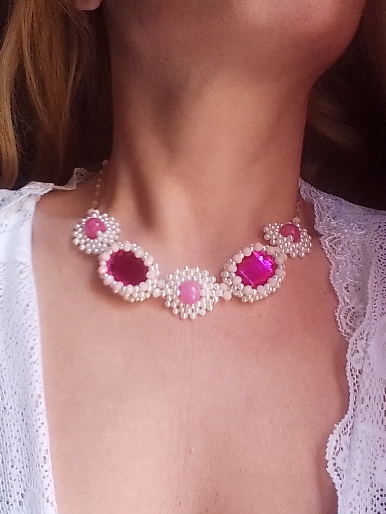 Handmade Beaded necklace pink Zircons & natural jade gemstones Size ONE SIZE - 7 Thumbnail